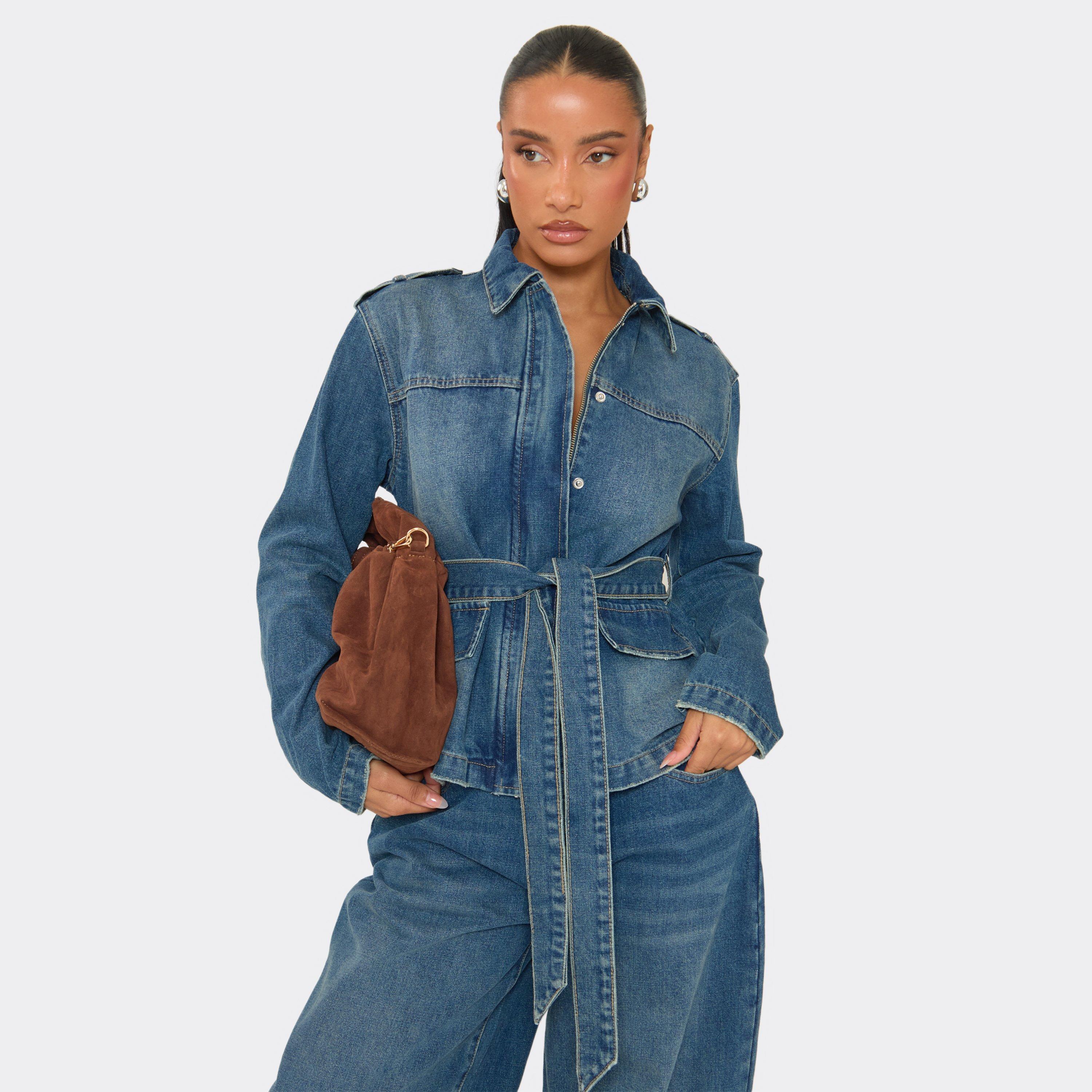 Zip Front Tie Waist Jacket In Mid Blue Denim, Women’s