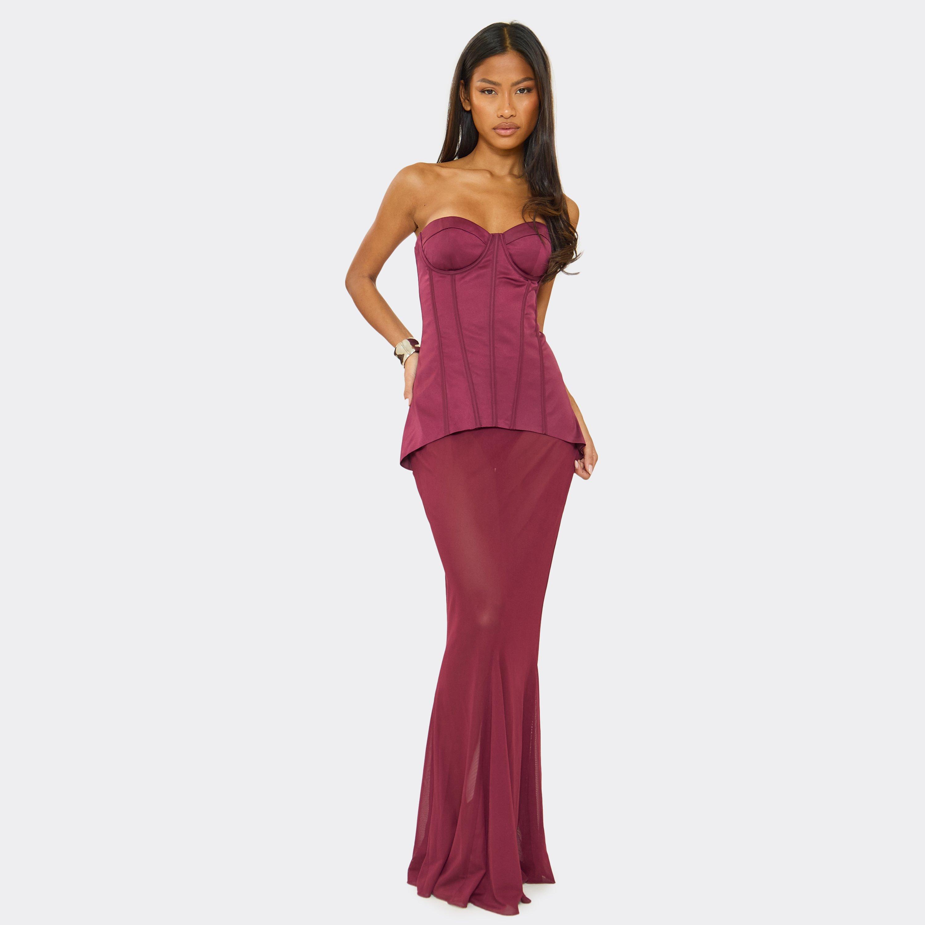 Bandeau Underwired Corset Contrast Sheer Mesh Panel Maxi Dress In Plum, Women's Size UK 6