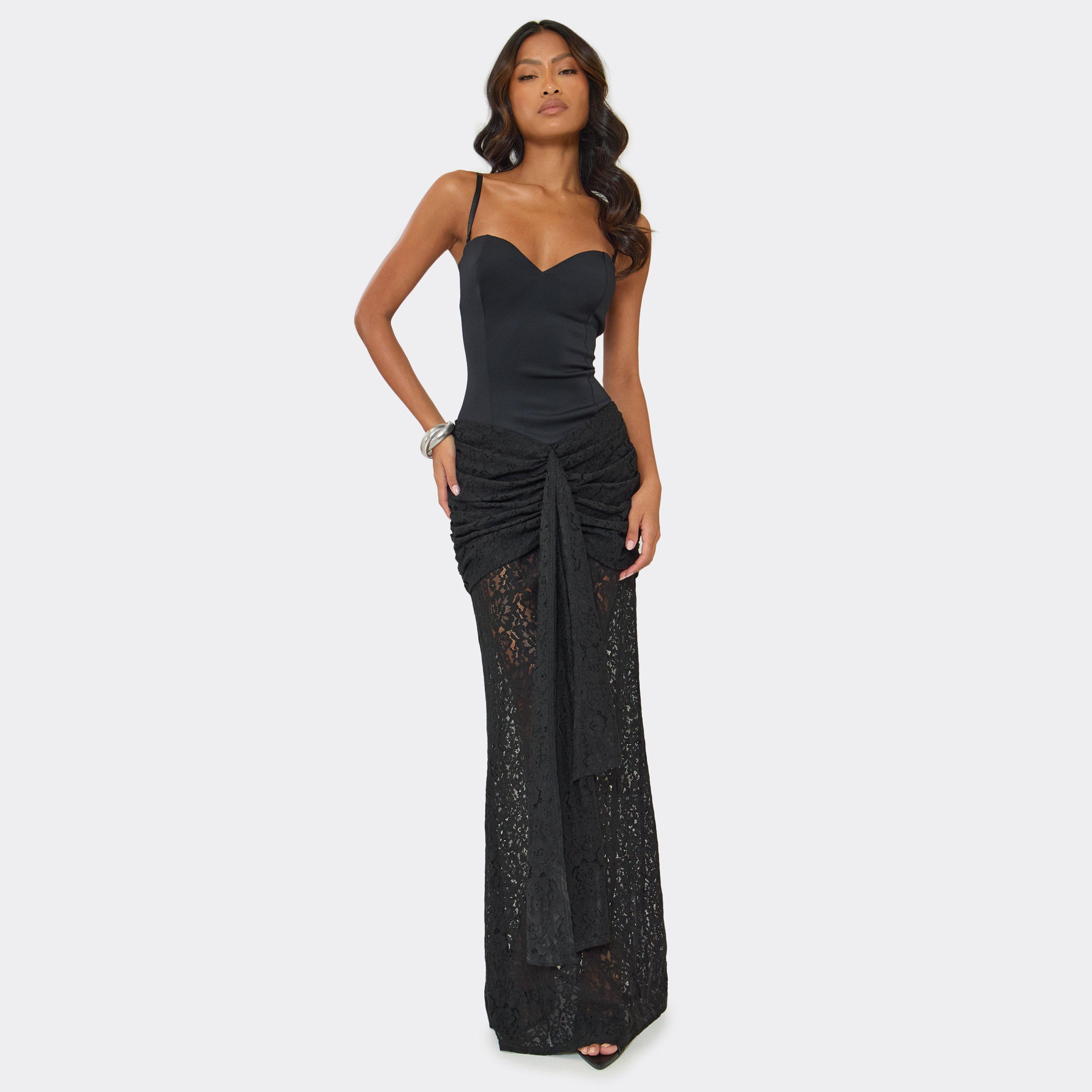 Strappy Underwired Ruched Drape Detail Maxi Dress In Black Lace, Women’s