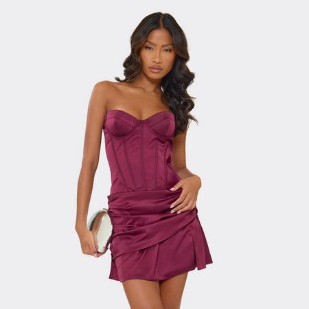 Bandeau Underwired Boning Detail Ruched Split Leg Mini Dress In Plum Satin, Women's Size US