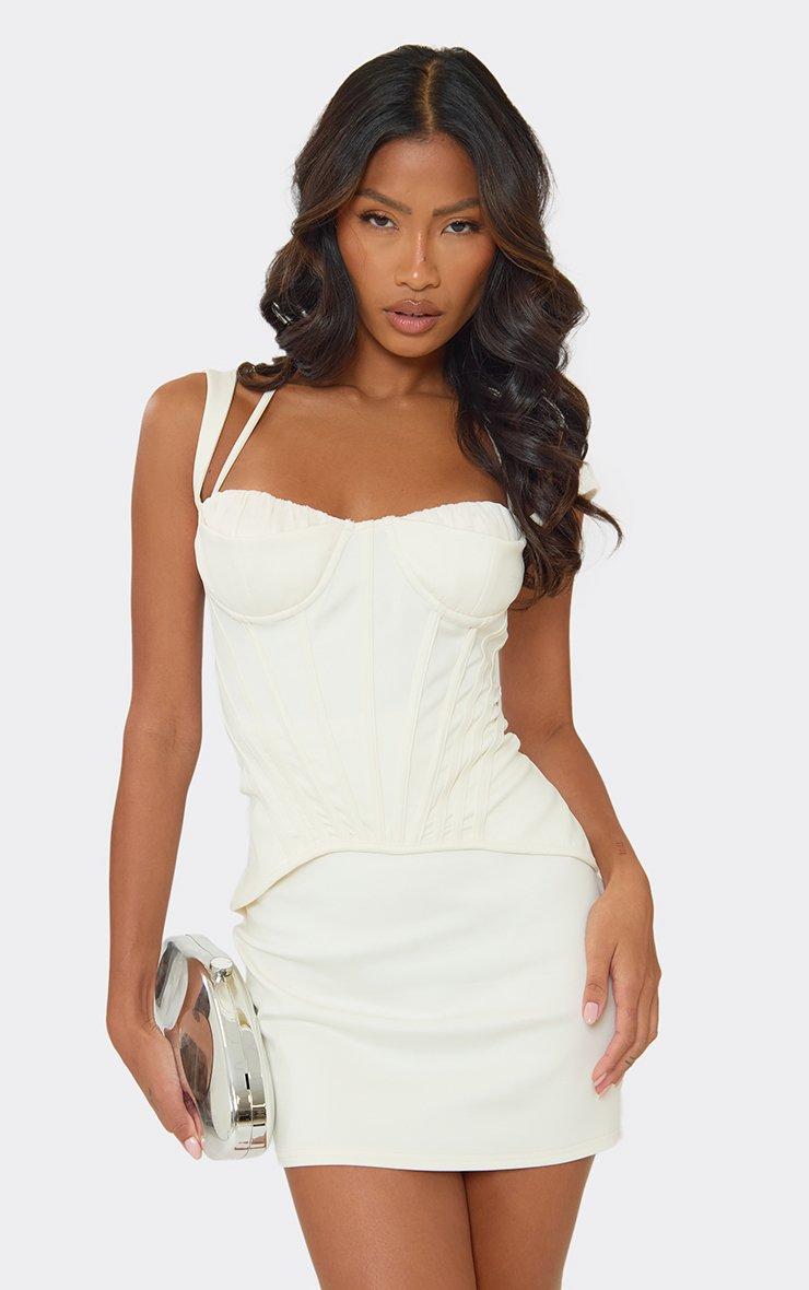 white corset mini dress Open Back Dress: Short Wedding Reception Corset Waist w/ Boning Double Strap Underwired Curve Hem