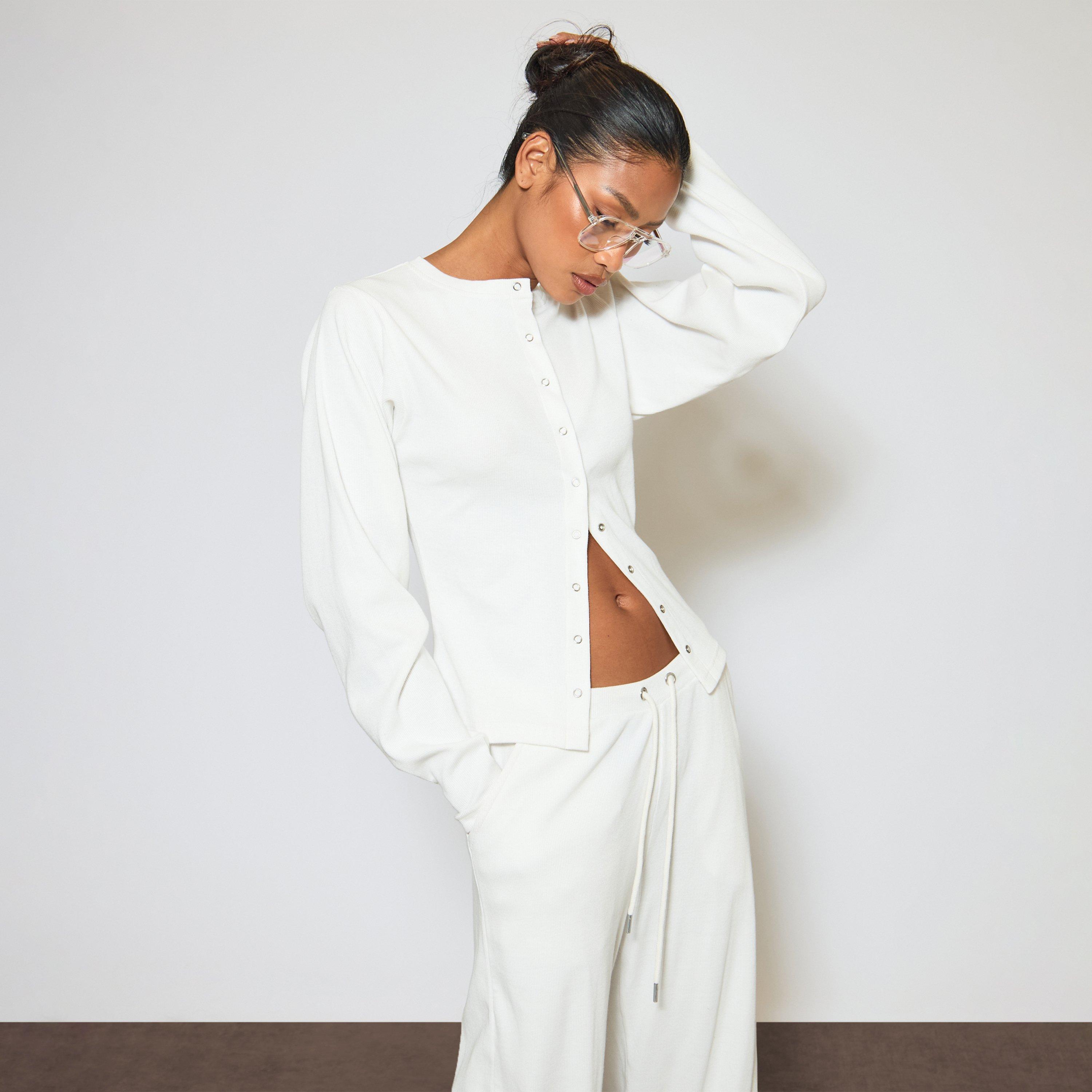 Image of Long Sleeve Popper Detail Top In Cream Ribbed, Women's