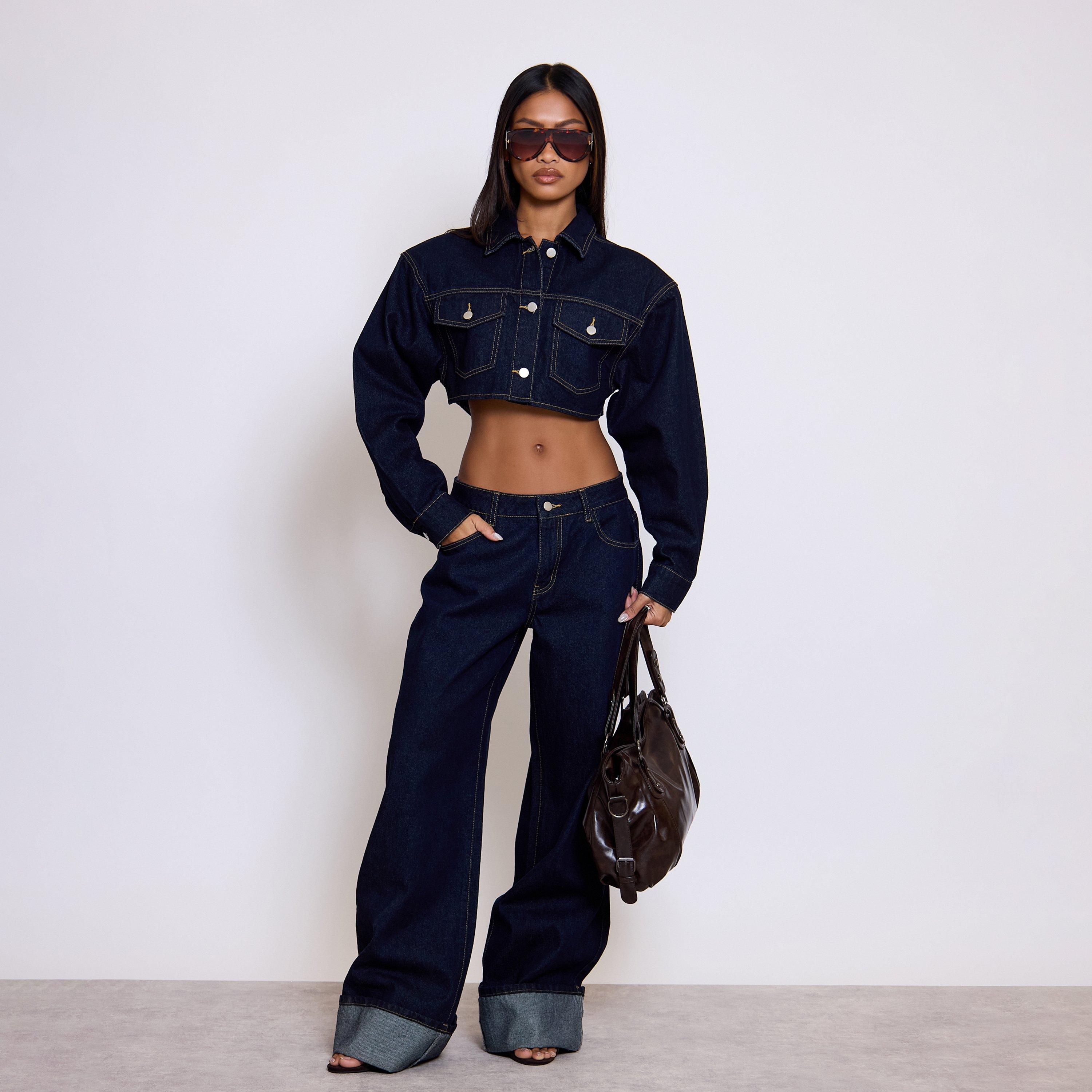 Low Rise Turn Up Hem Wide Leg Jeans In Indigo Blue Denim, Women’s