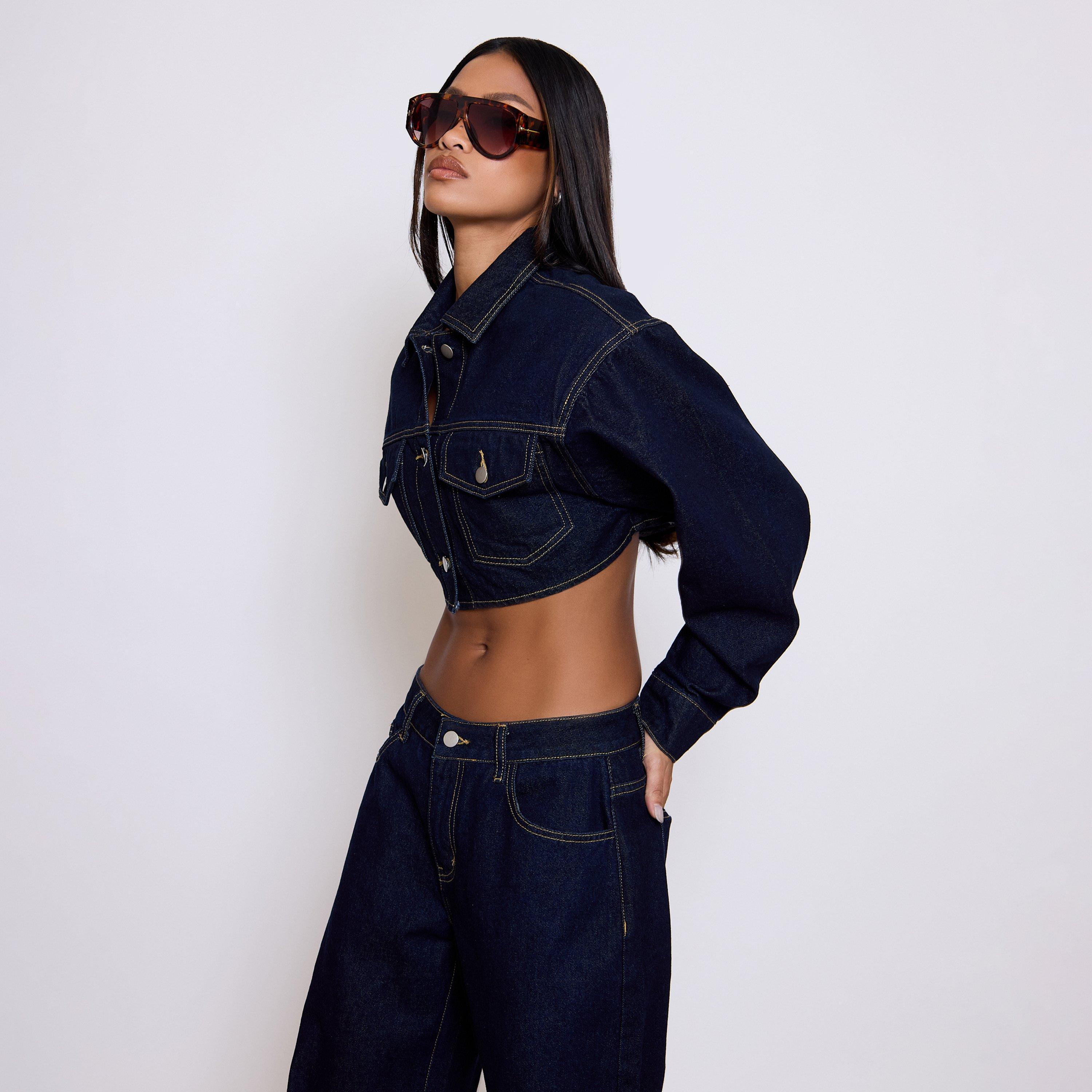 Long Sleeve Button Front Shoulder Pad Cropped Jacket In Indigo Blue Denim, Women’s