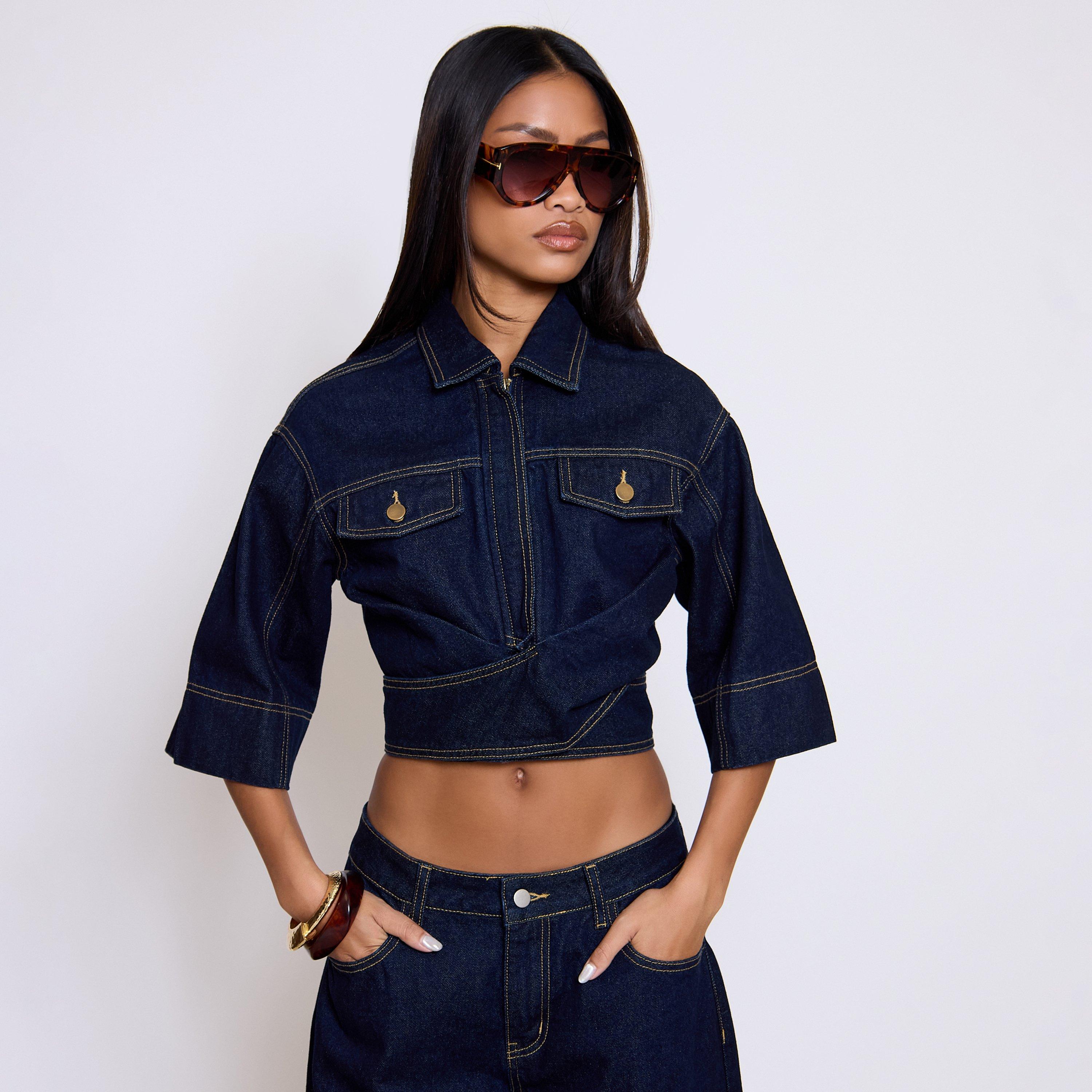 Image of Short Sleeve Cinched Wrap Waist Top In Indigo Blue Denim, Women's