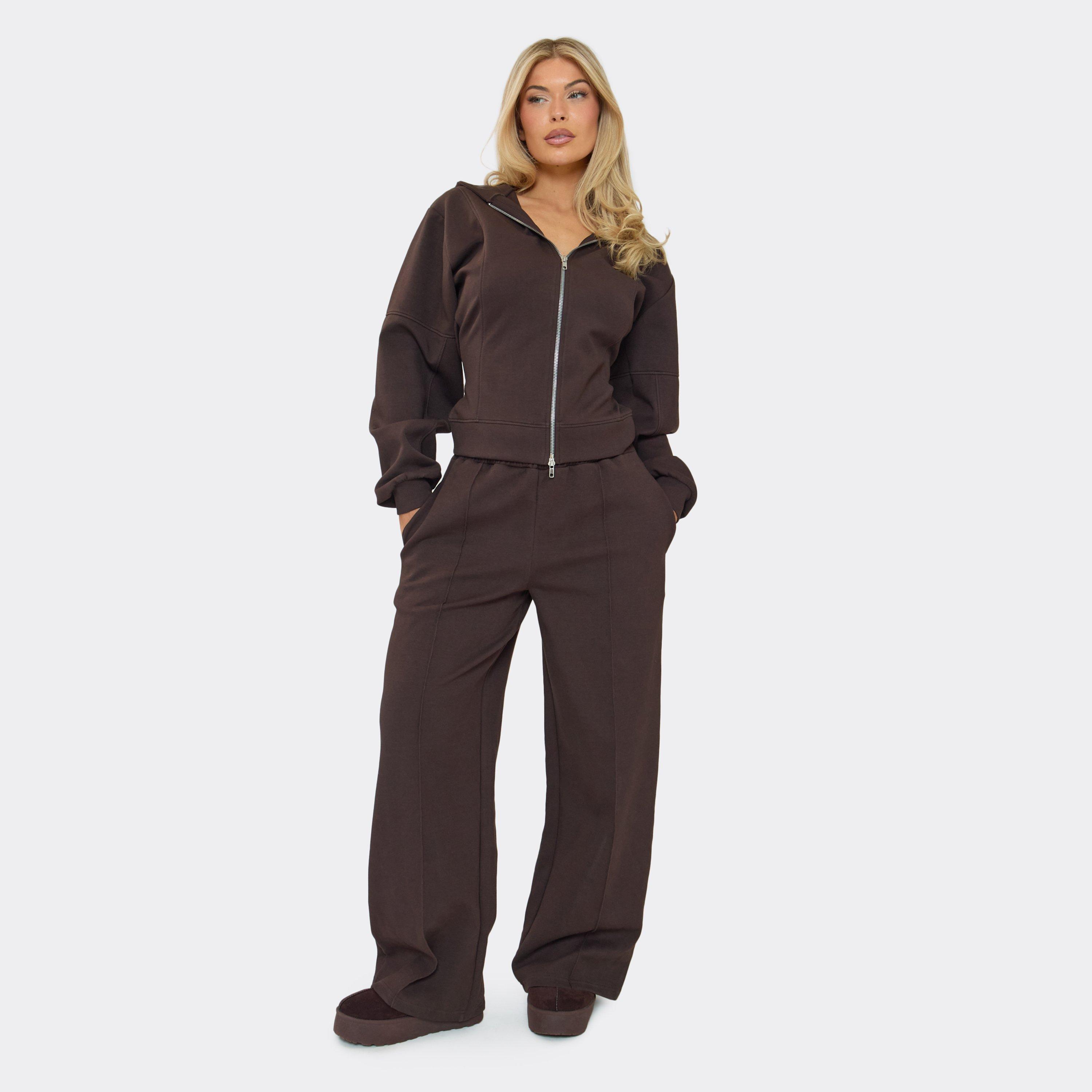 Mid Rise Seam Detail Straight Leg Joggers In Chocolate Brown Interlock, Women's Size UK 8