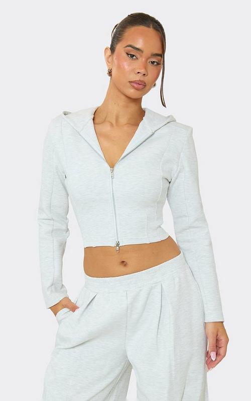 Contrast Distressed Detail Cropped Zip Up Hoodie In Grey | EGO US