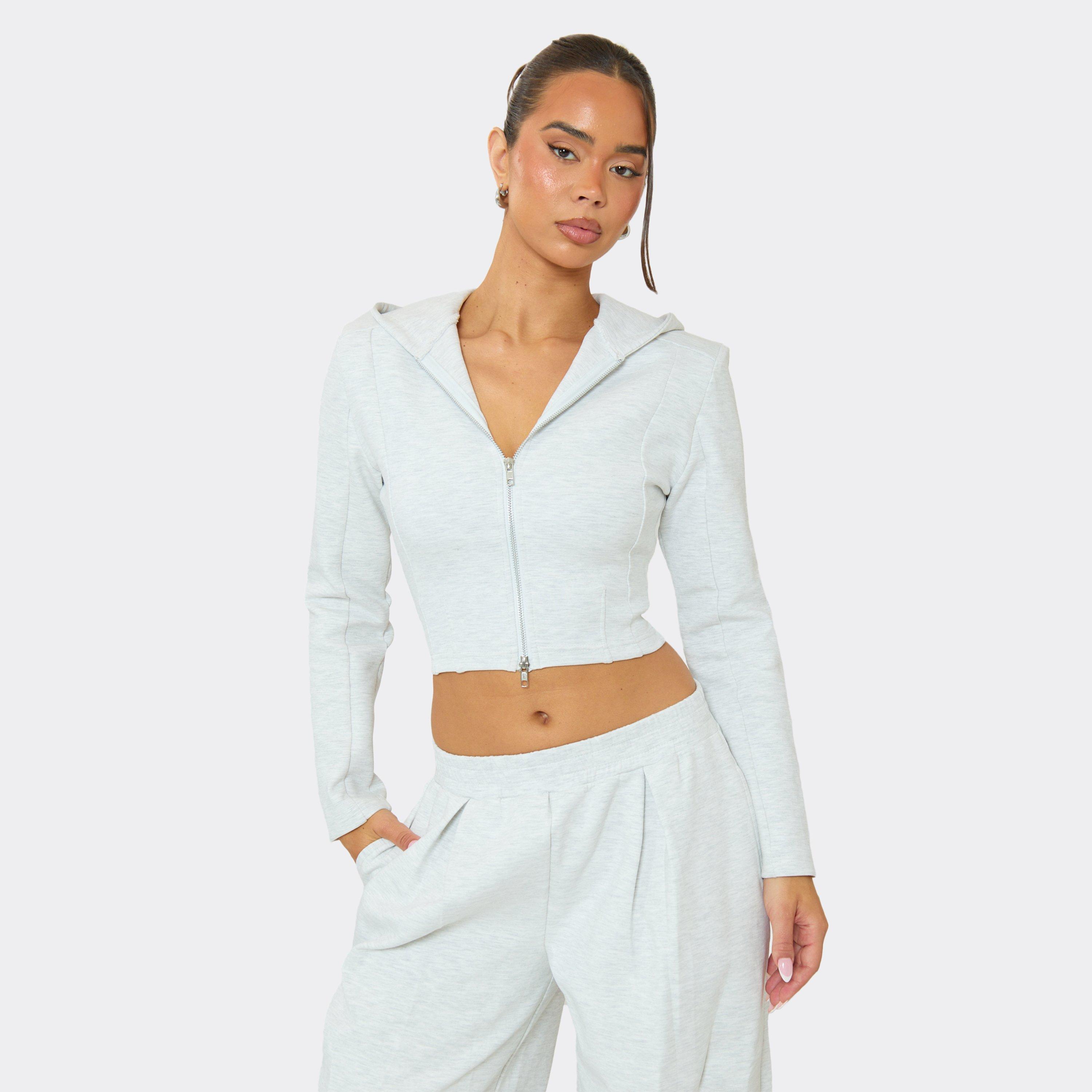 Double Zip-Up Shoulder Pad Cropped Hoodie In Light Grey Marl Interlock, Women’s