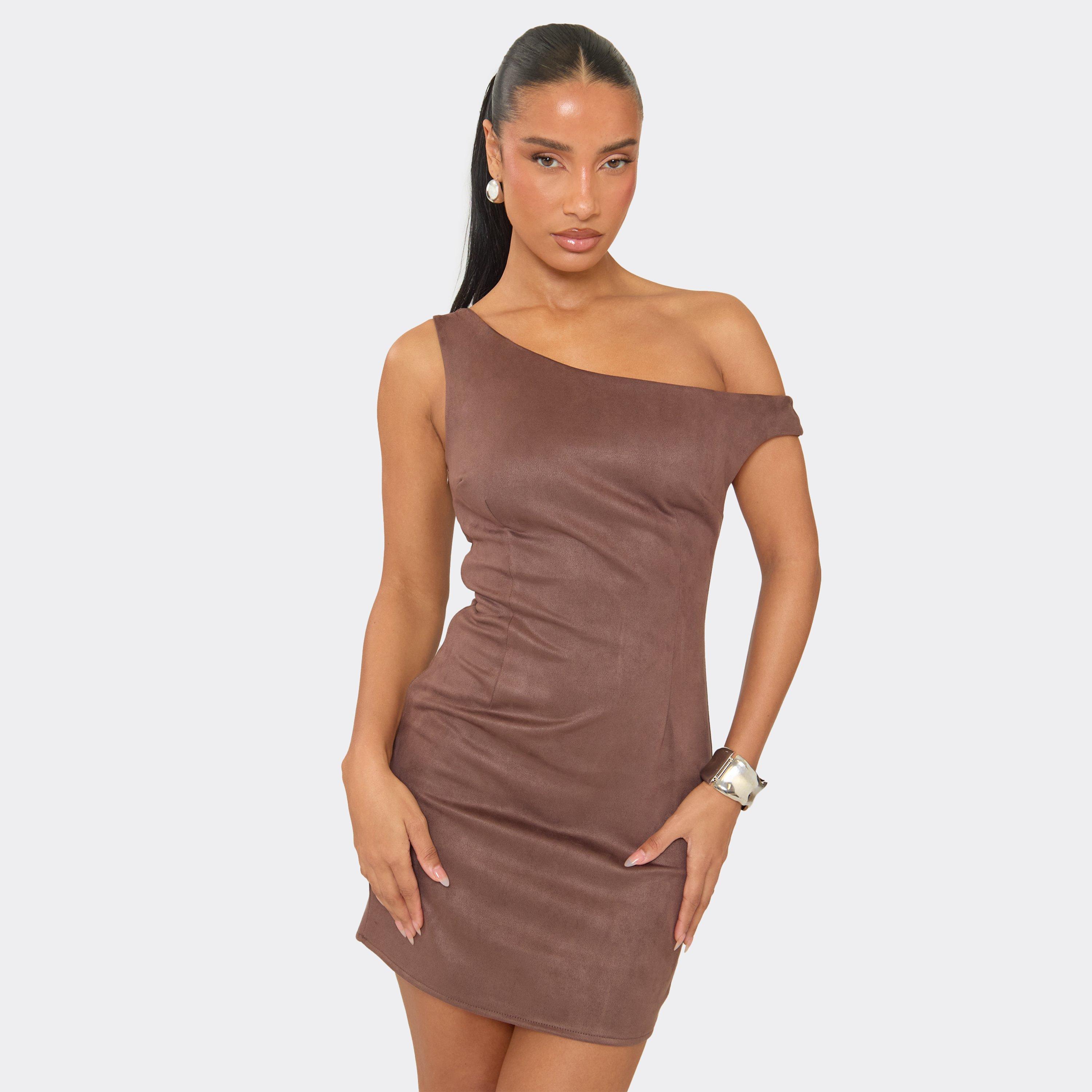 Asymmetric Off Shoulder Mini Dress In Chocolate Brown Faux Suede, Women's Size UK 10