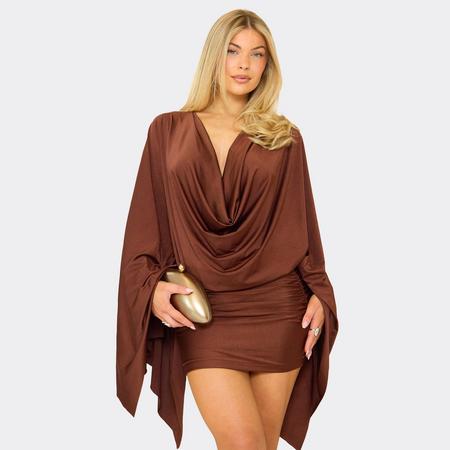 Exaggerated Sleeve Cowl Front Cape Detail Mini Dress In Chocolate Brown, Women's Size US