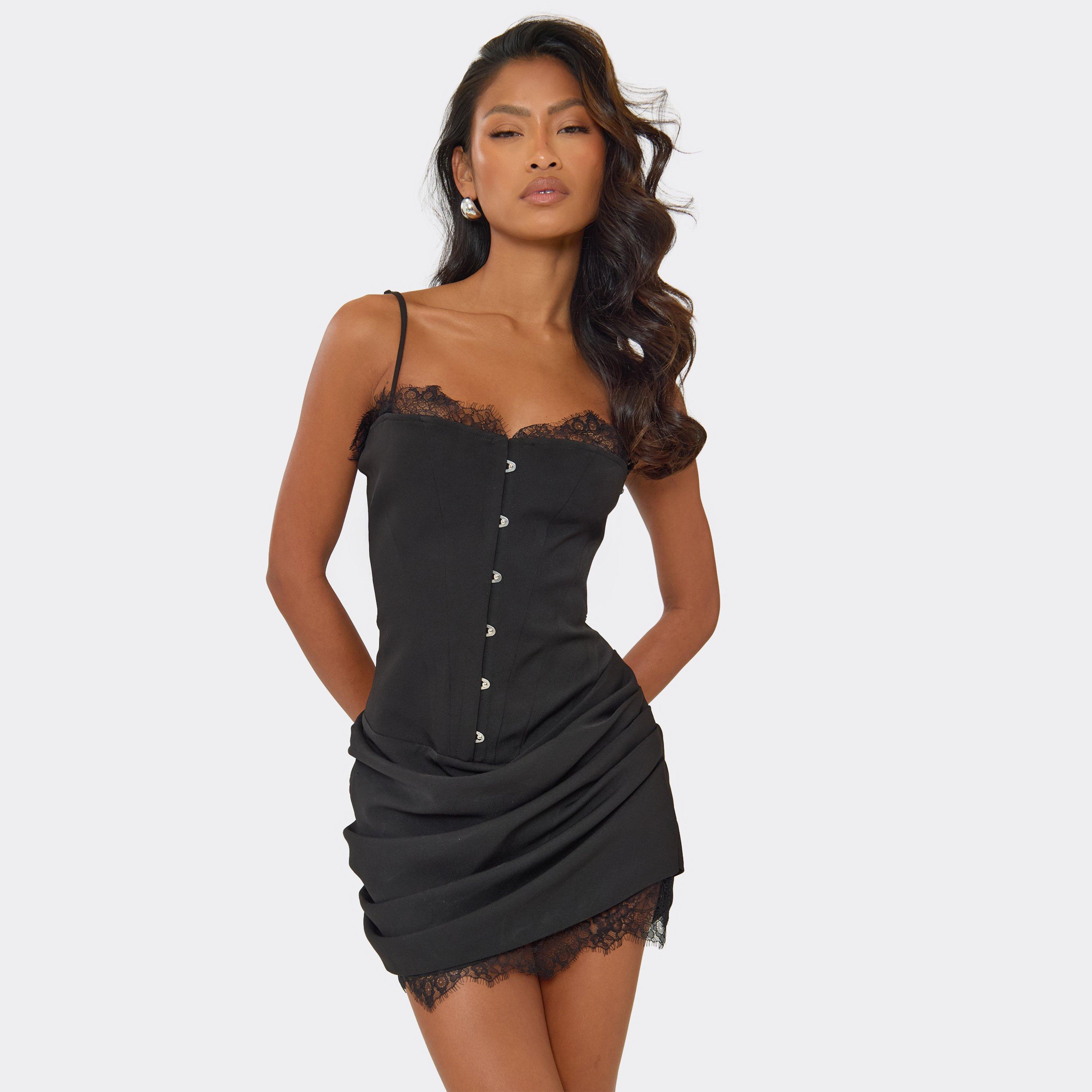 Strappy Corset Ruched Lace Trim Detail Mini Dress In Black, Women’s