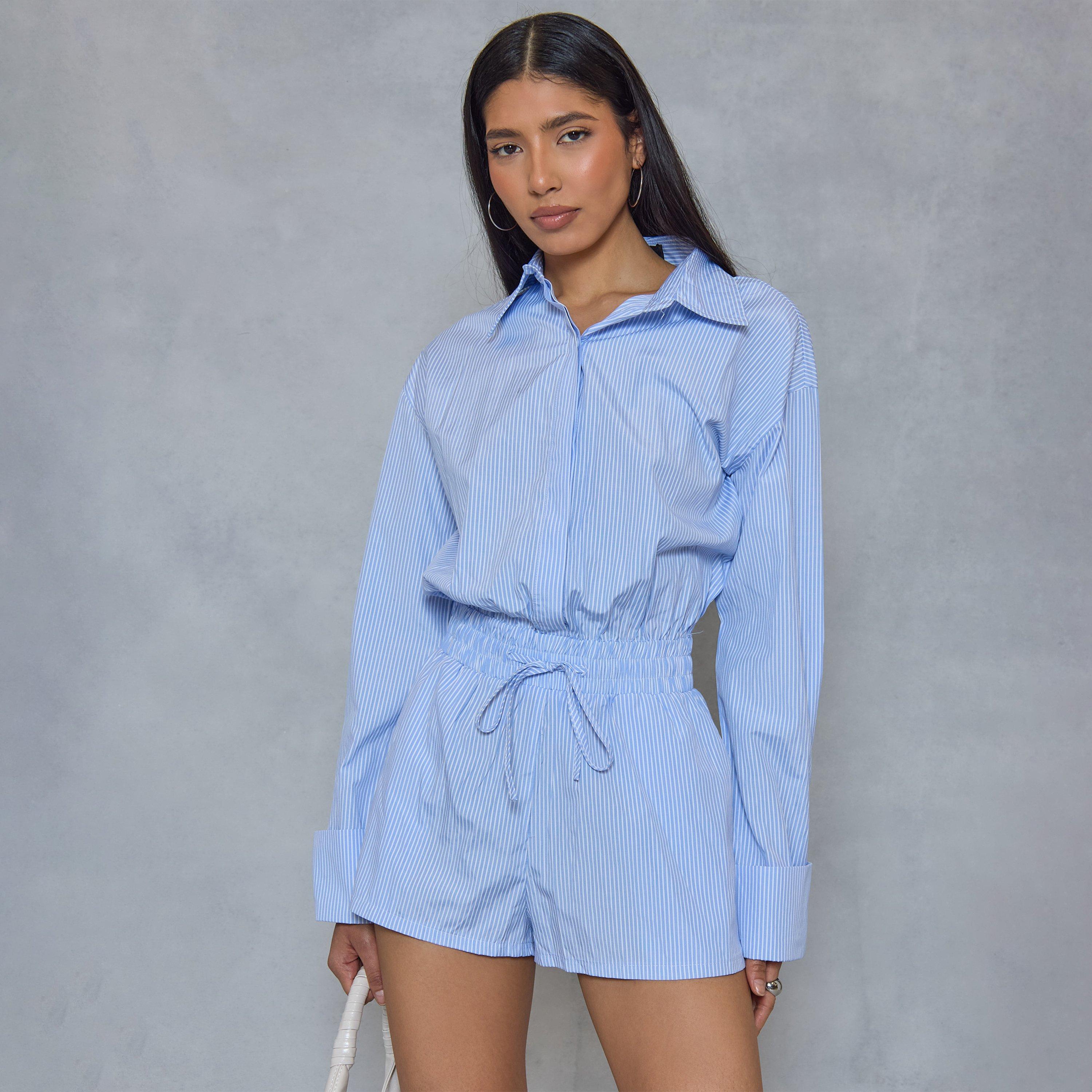 Image of Long Sleeve Tie Waist Detail Playsuit In Blue Pinstripe, Women's