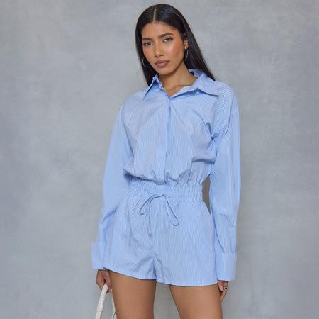 Long Sleeve Tie Waist Detail Playsuit In Blue Pinstripe, Women's Size US