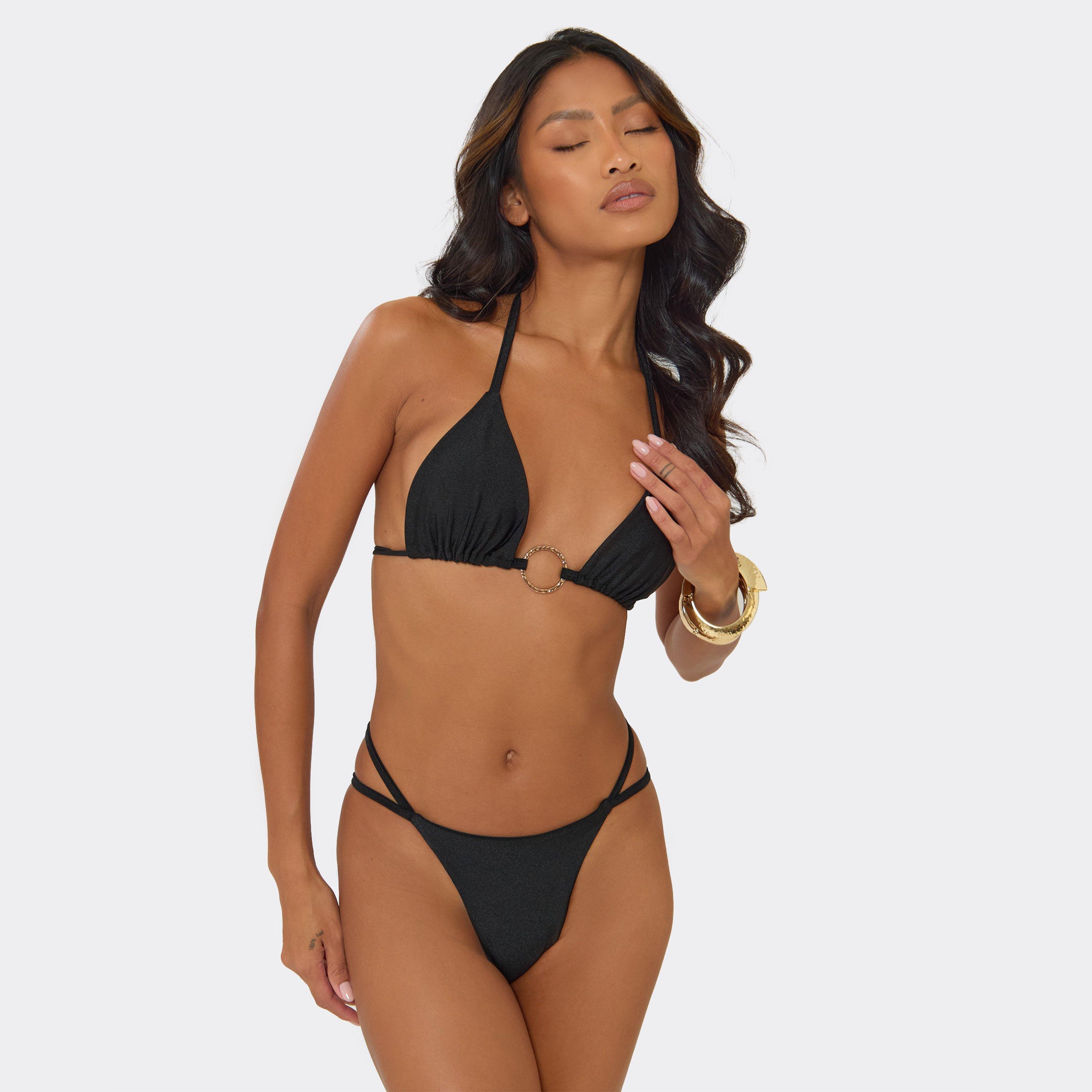 Triangle Halterneck Hammered Ring Detail Bikini Set In Black, Women's Size UK 10