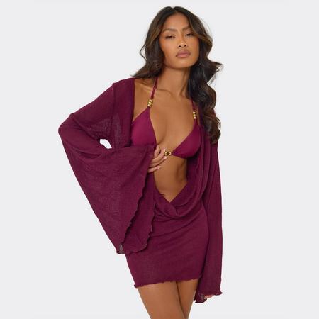Plunge Cowl Neck Flared Sleeve Mini Beach Dress In Plum Sheer, Women's Size US