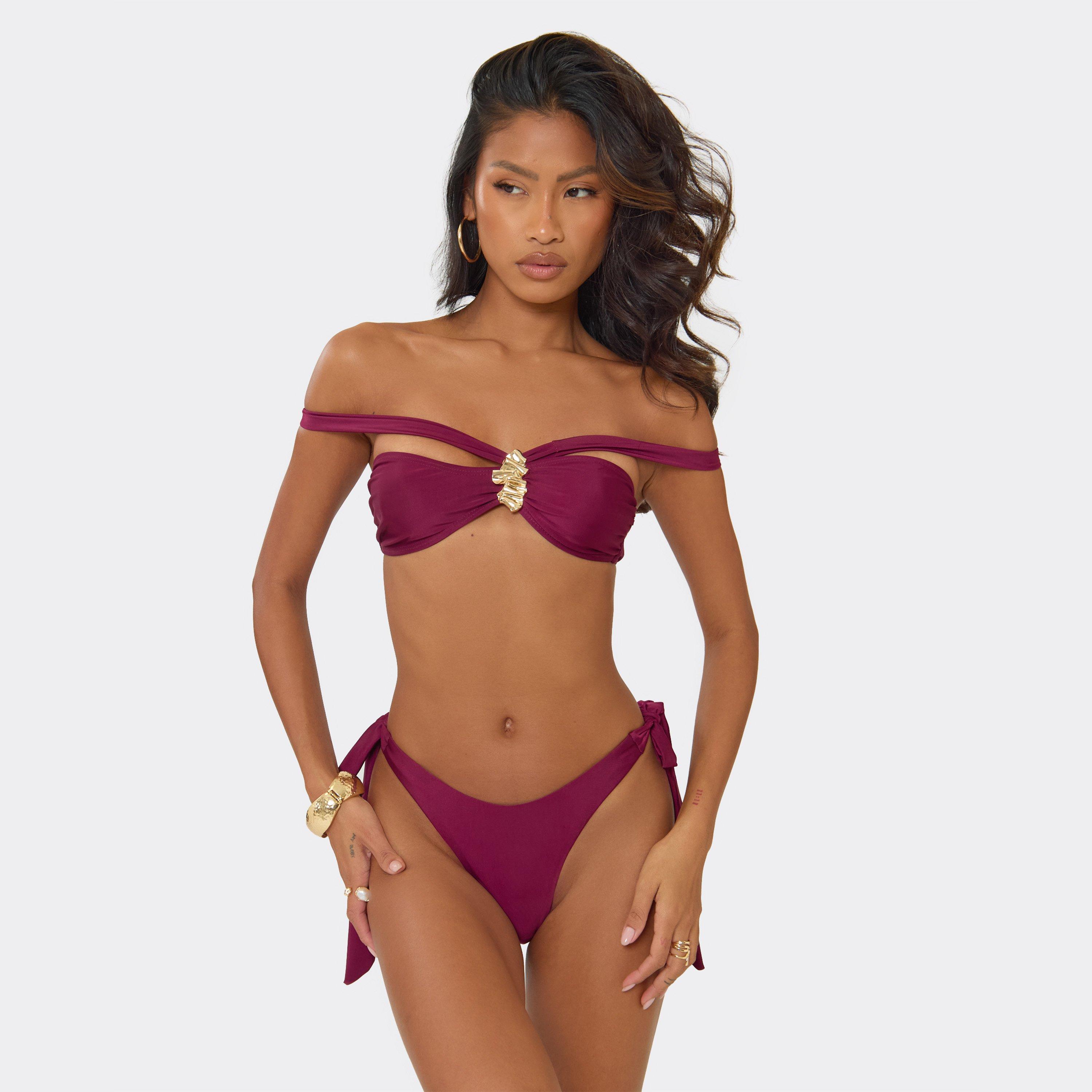 Strappy Bardot Trim Detail 3 Piece Bikini Set In Plum, Women's Size UK 10