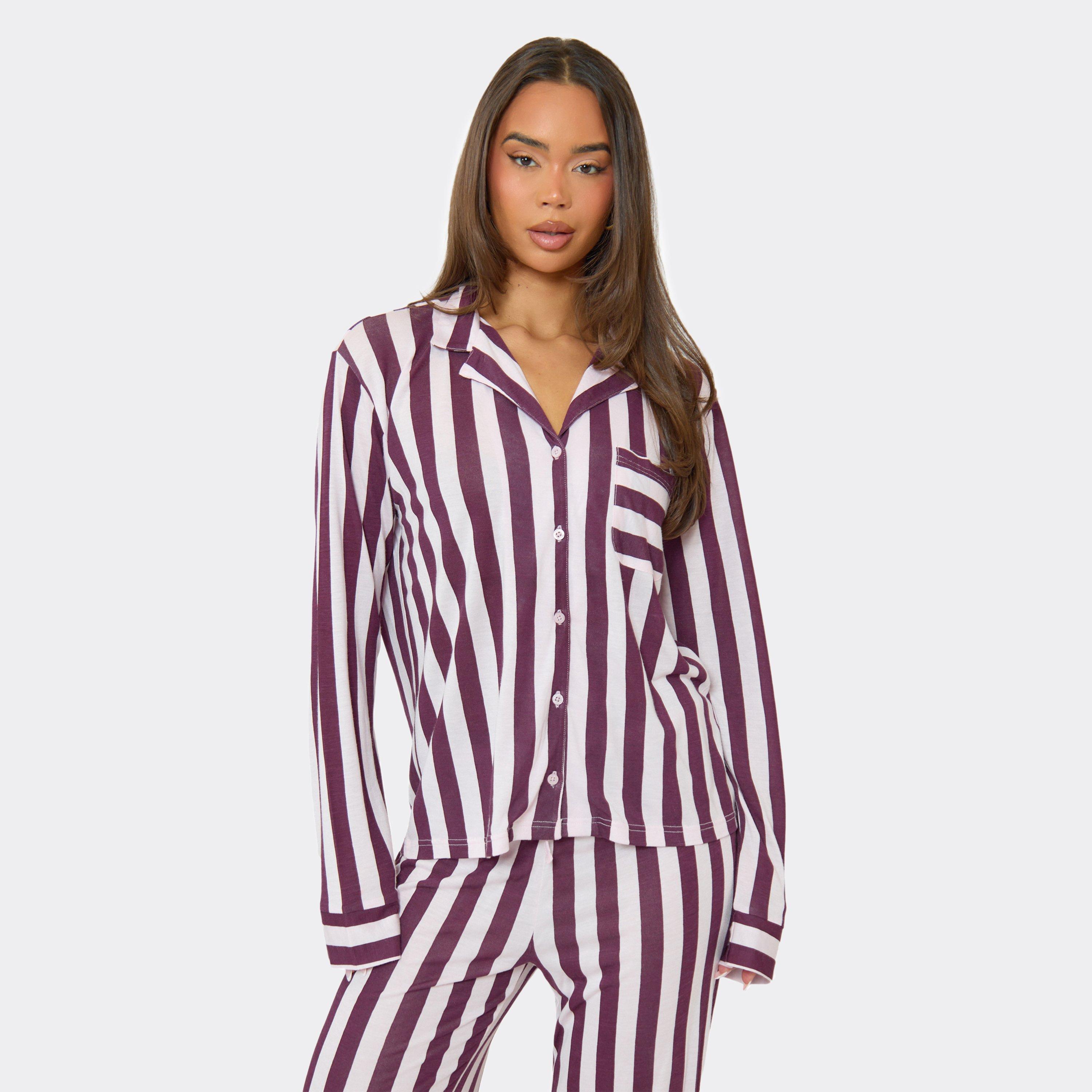 Long Sleeve Pyjama Shirt In Purple Stripe, Women's Size UK 10