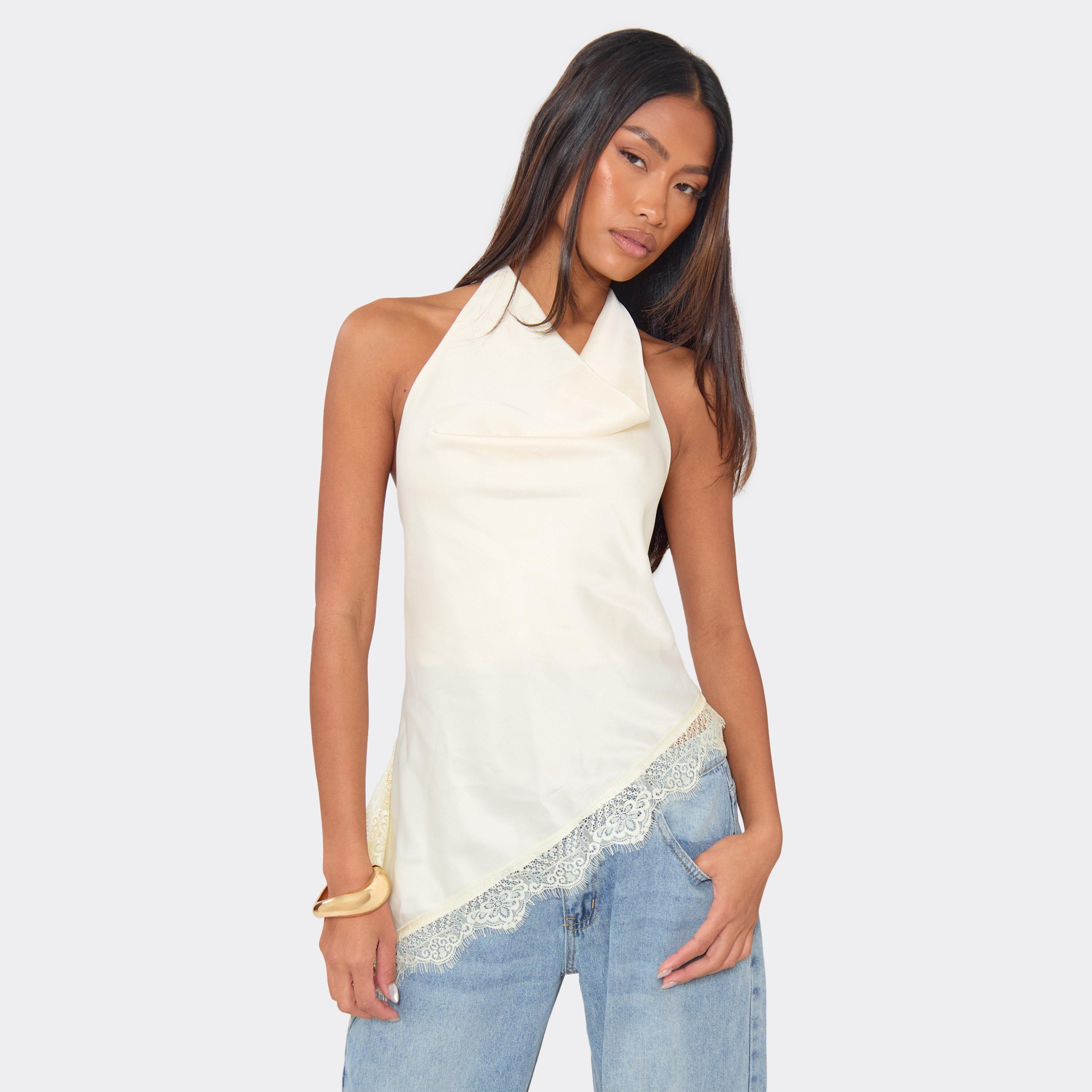 Image of Cowl Neck Asymmetric Hem Lace Detail Top In Cream Satin, Women's