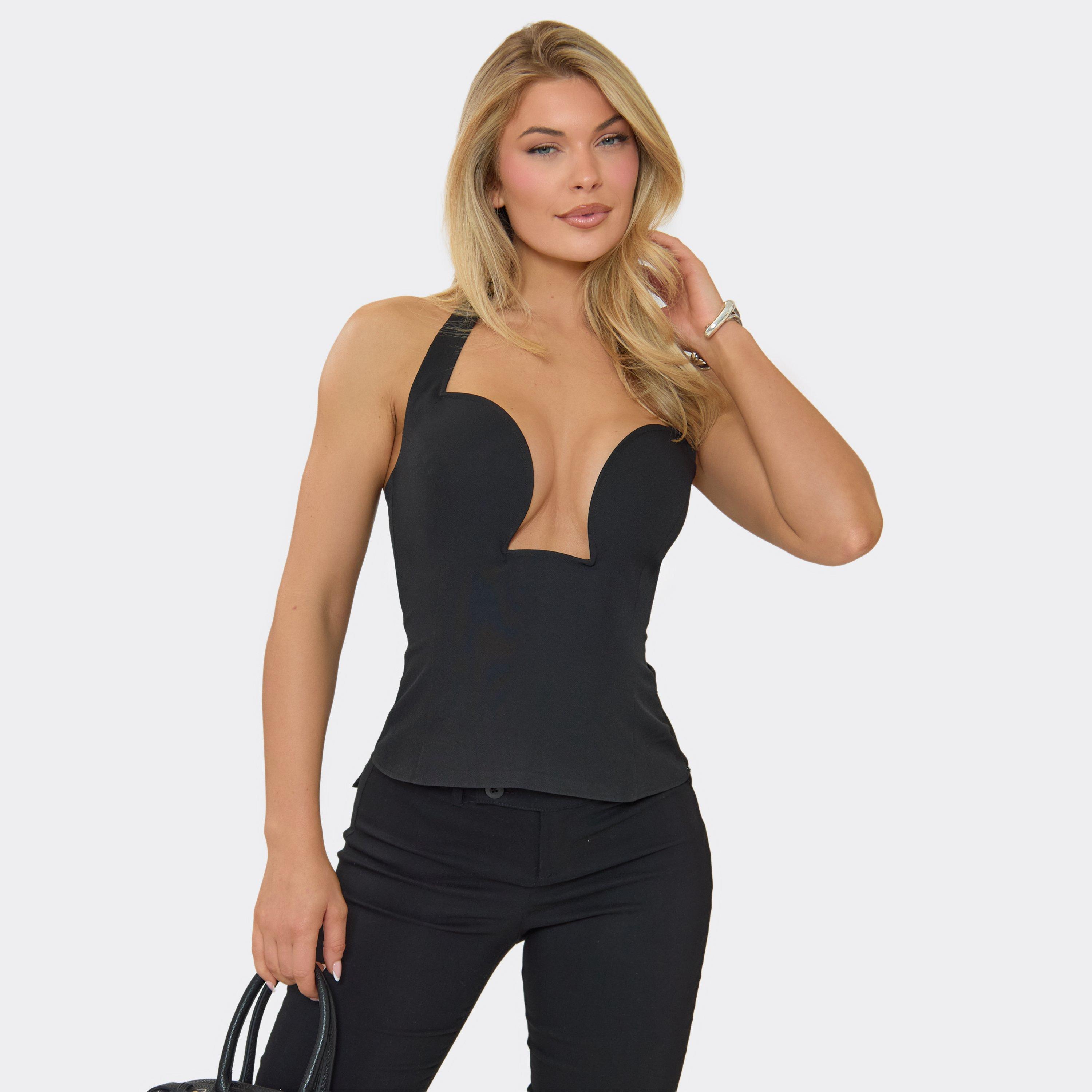 Halter Neck Plunge Detail Top In Black, Women's Size UK 16