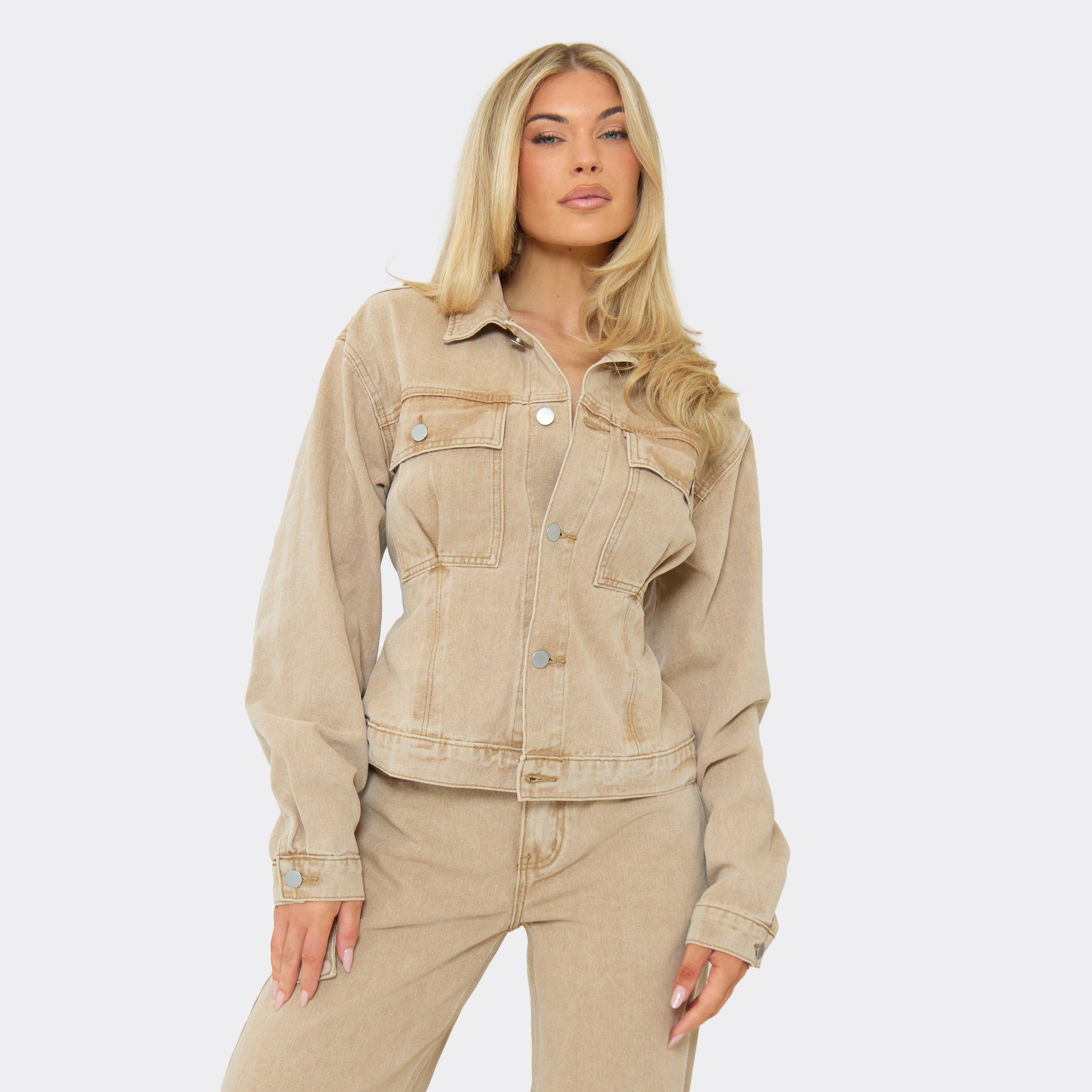 Long Sleeve Button Front Tie Back Cinched Waist Jacket In Stone Denim, Women’s