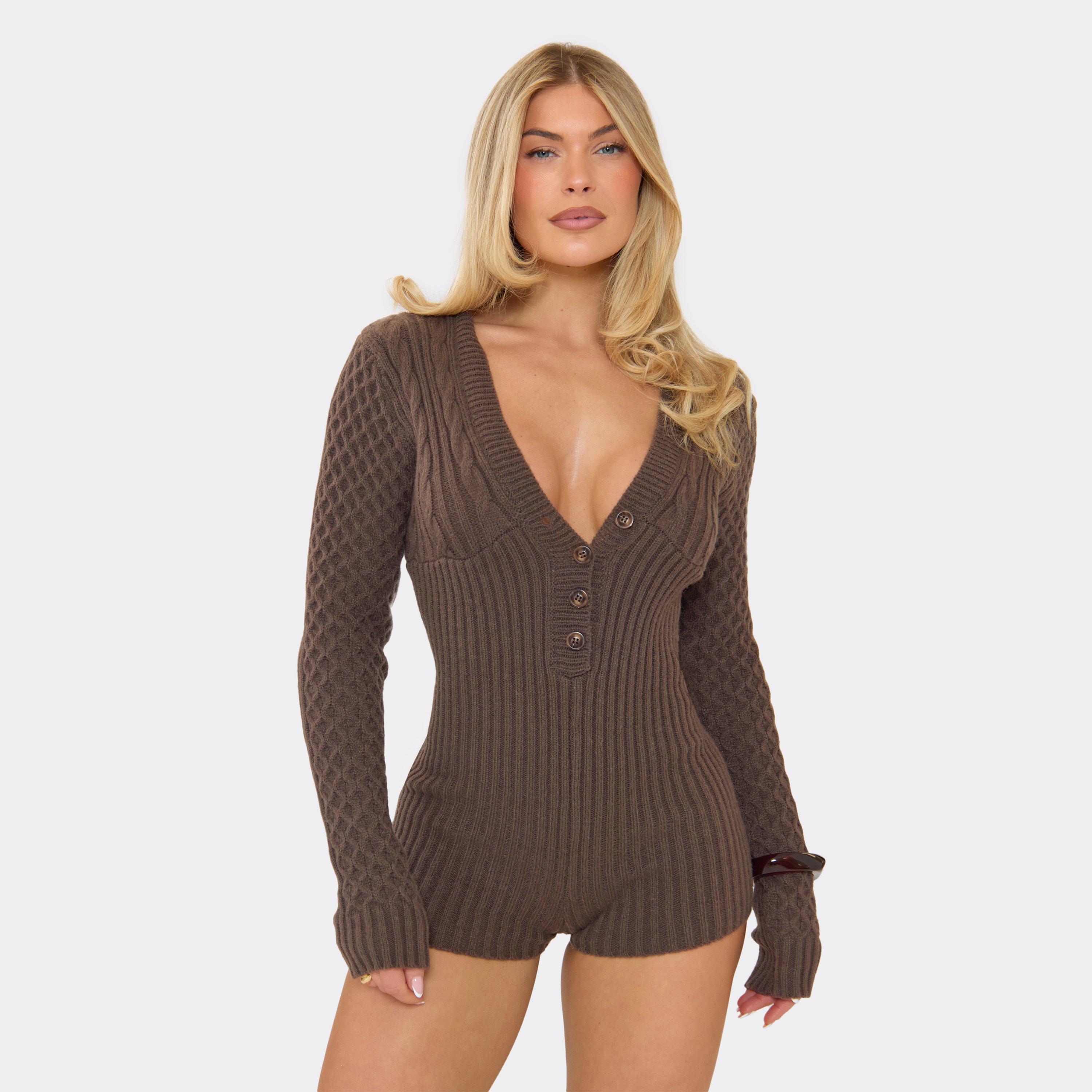 V Neck Button Down Playsuit In Chocolate Brown Cable Knit, Women's Size UK S