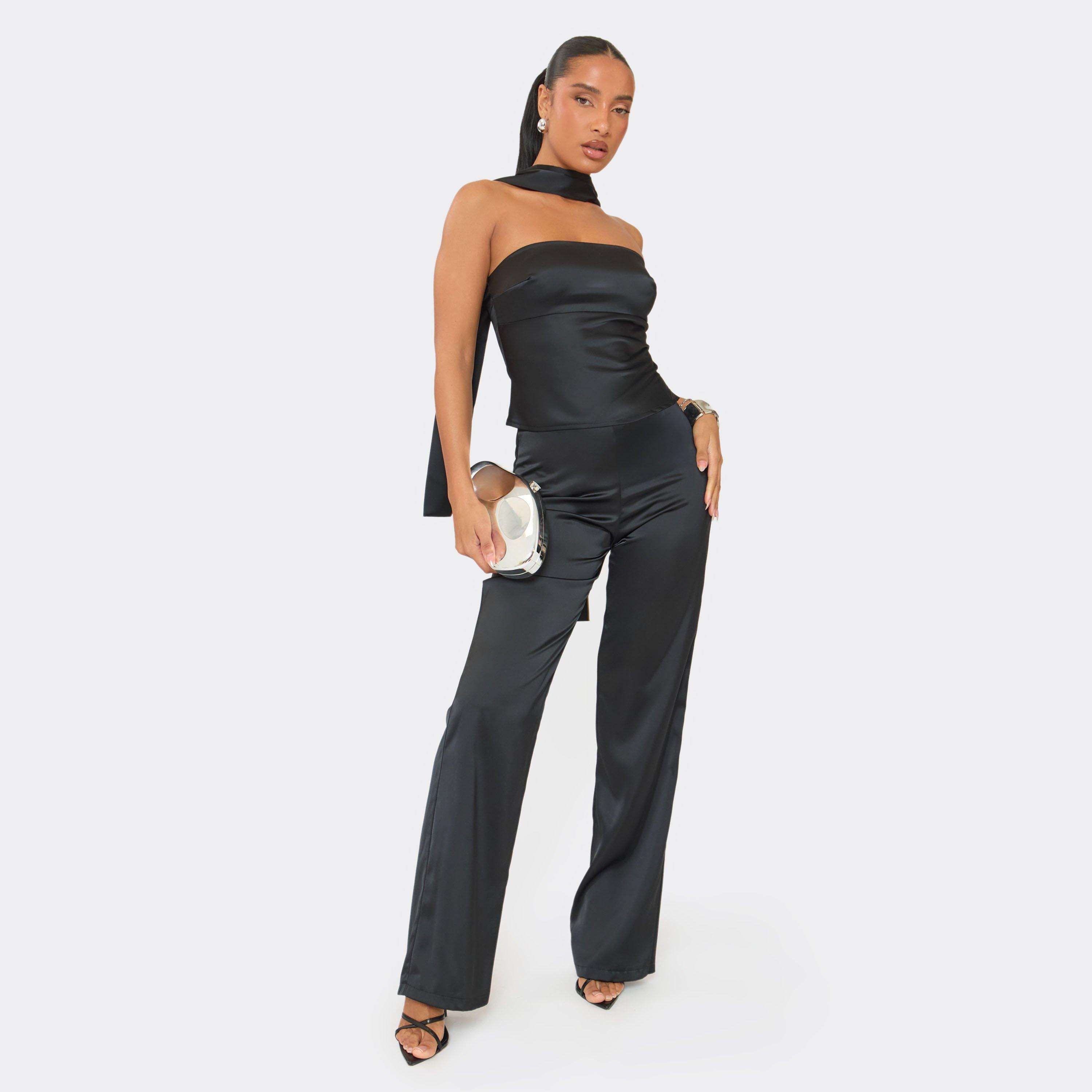 Image of Mid Rise Straight Leg Trousers In Black Satin, Women's