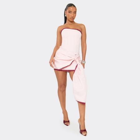Lace Trim Ruched Drape Detail Mini Skirt In Pink Satin, Women's Size US