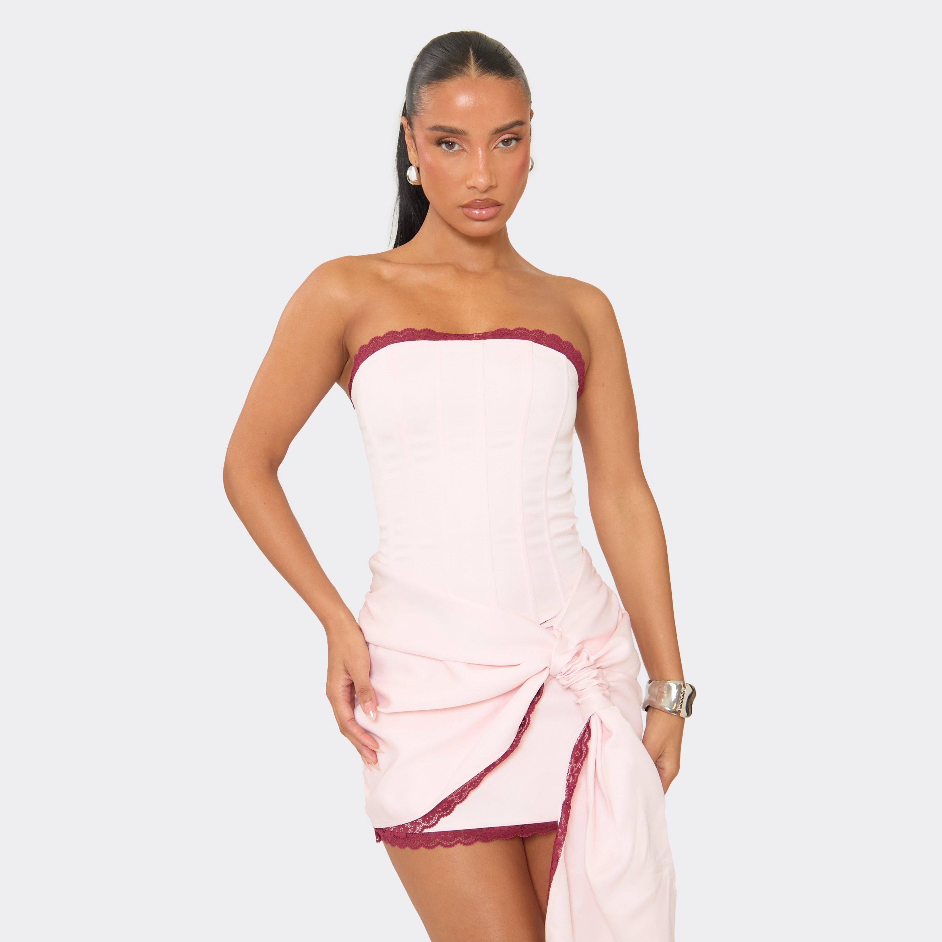 Bandeau Lace Trim Edge Corset In Pink Satin, Women's Size UK 10