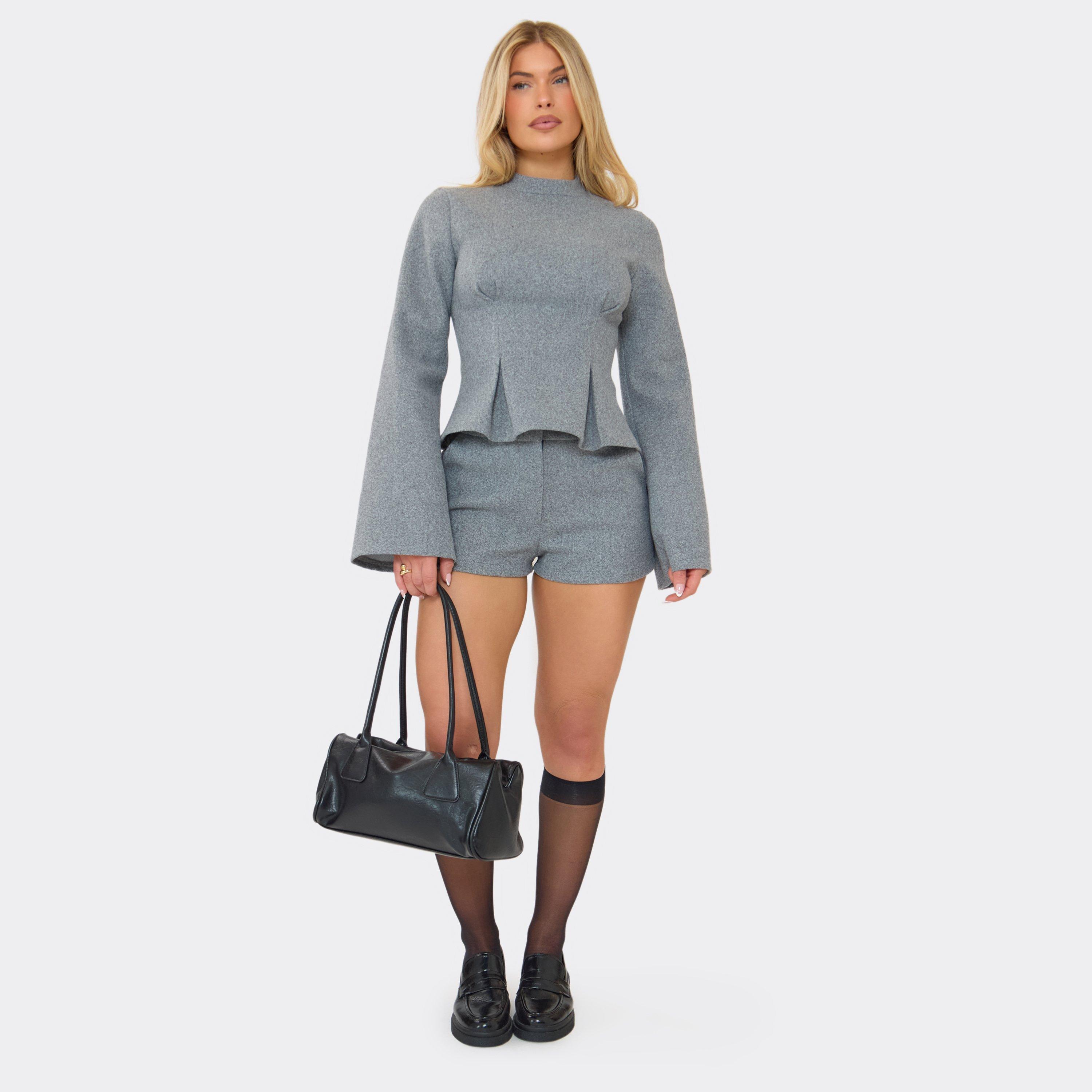 Mid Rise Wool-Look Shorts In Grey, Women's Size UK 10