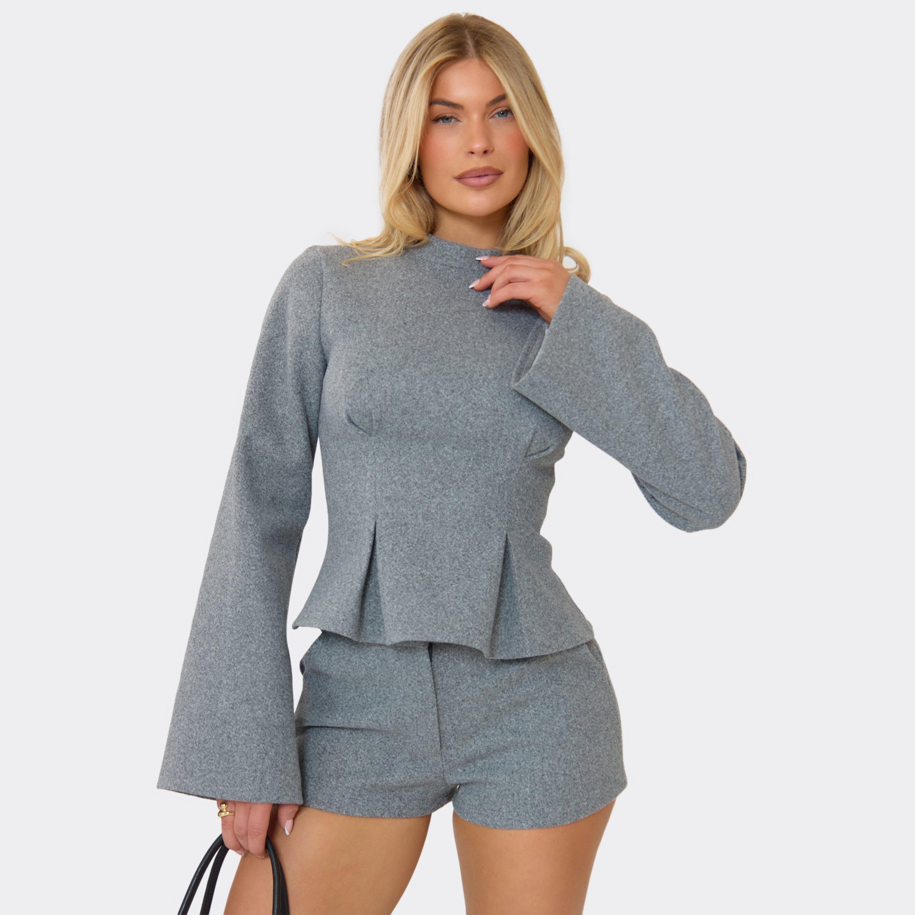 Image of High Neck Long Sleeve Pleat Hem Wool-Look Top In Grey, Women's