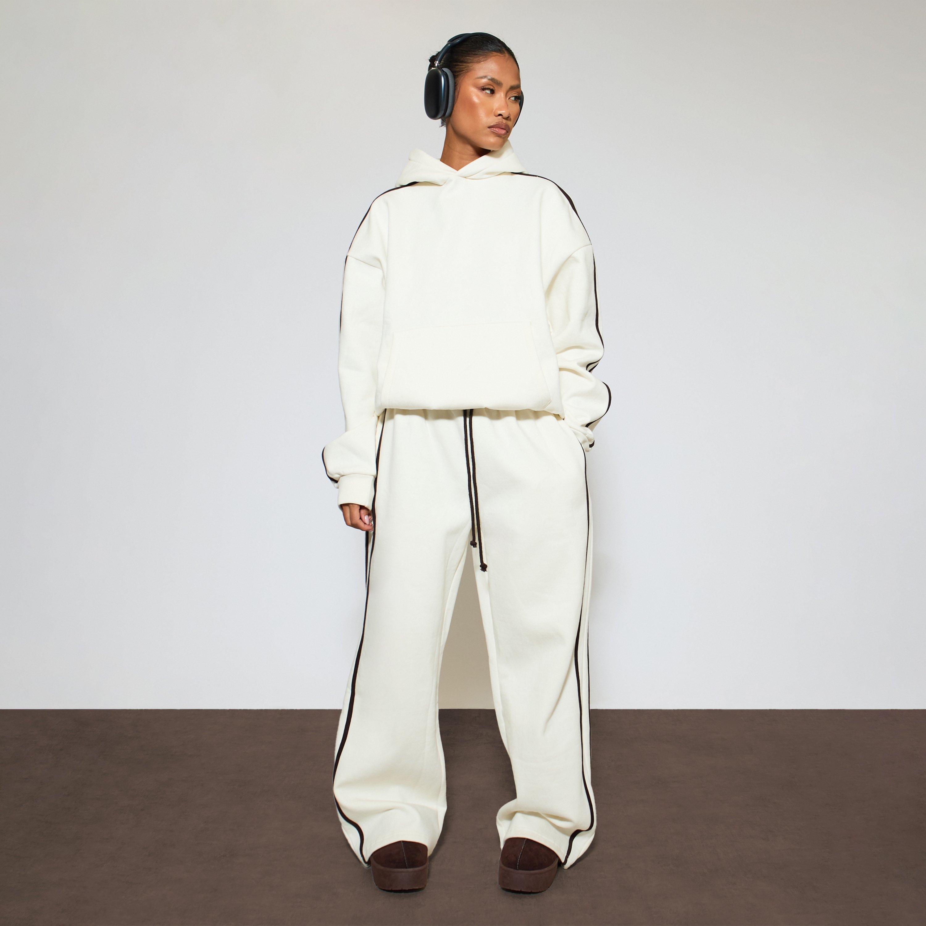 Heavyweight Low Rise Drawstring Contrast Stripe Wide Leg Joggers In Cream, Women’s