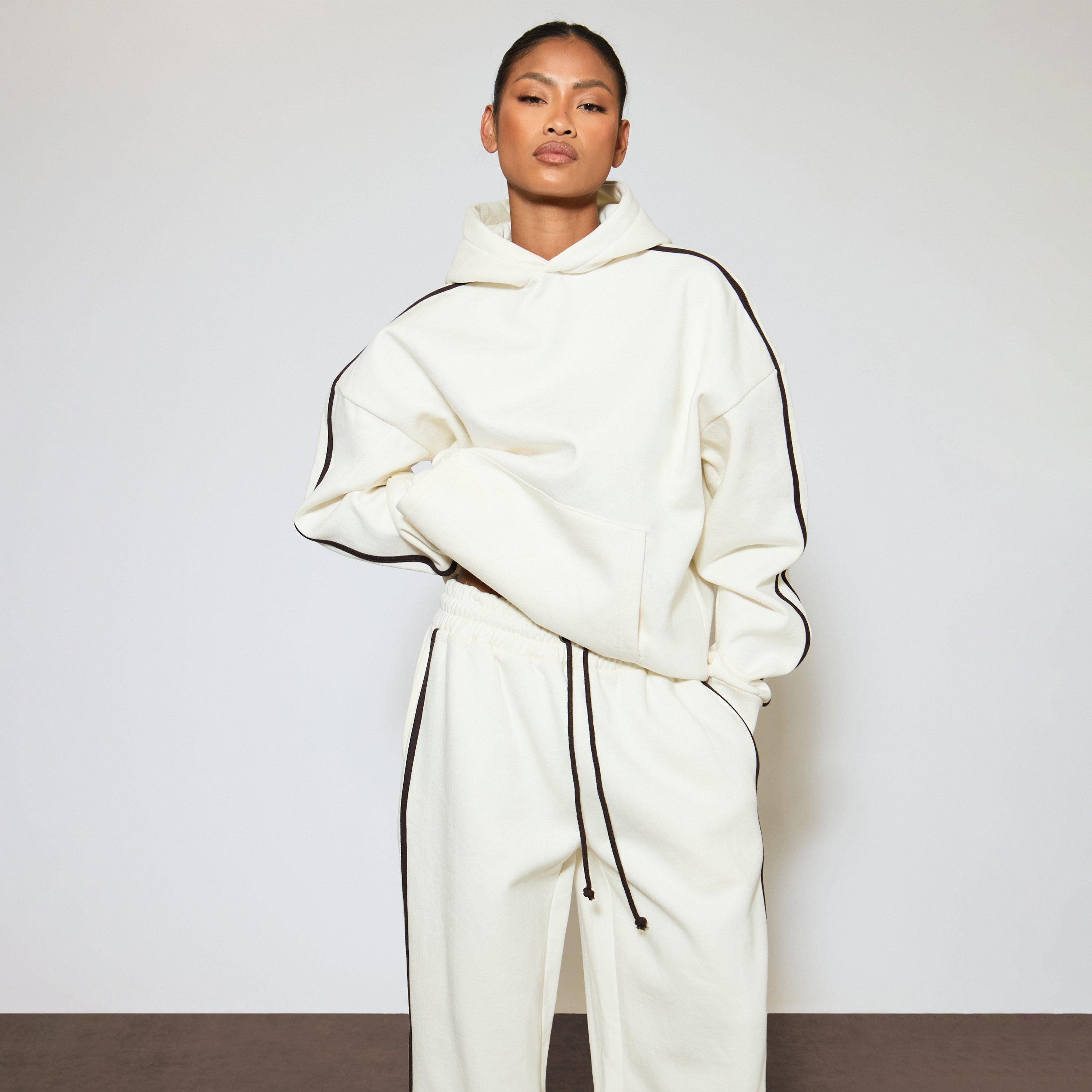 Heavyweight Contrast Stripe Oversized Hoodie In Cream, Women’s