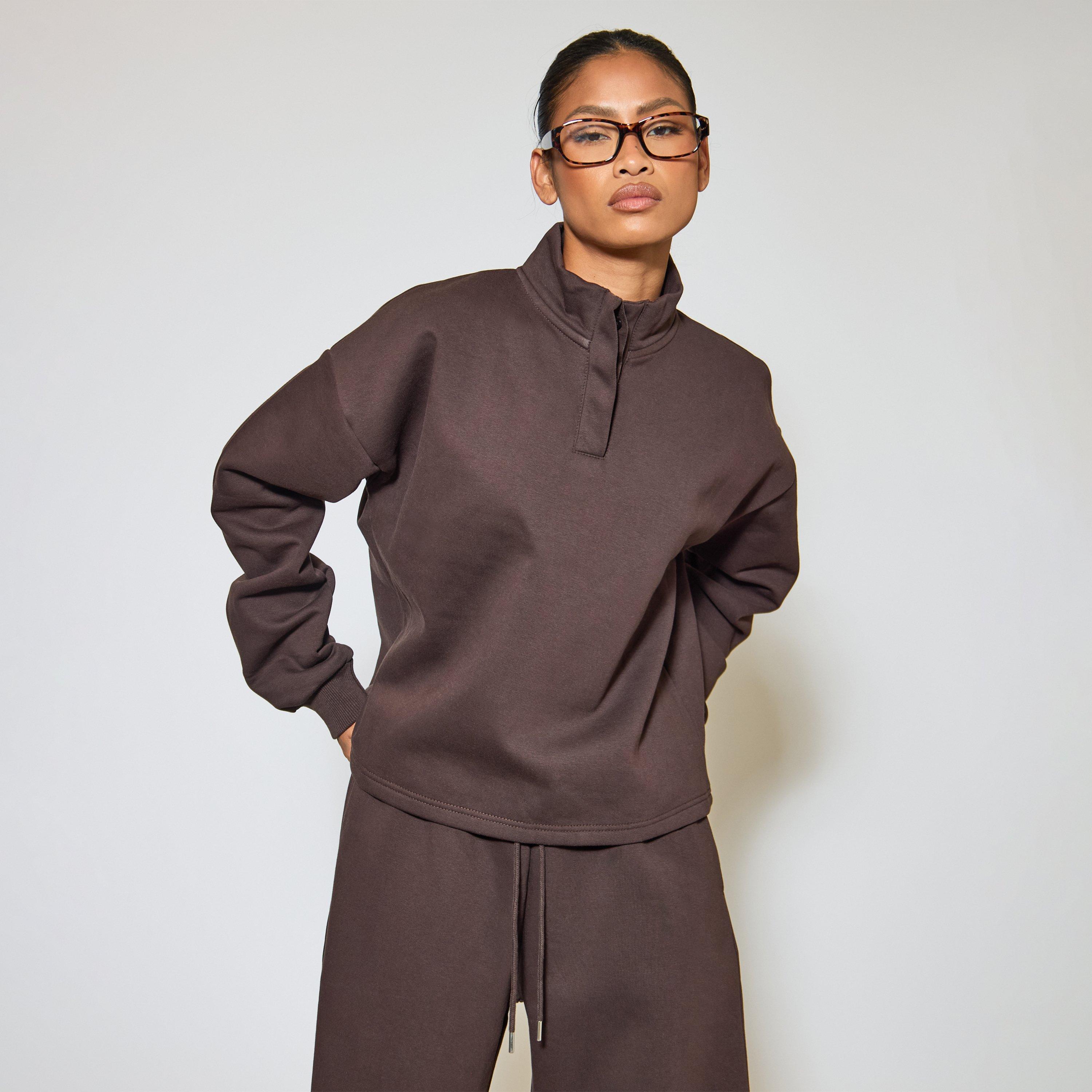 Image of Heavyweight High Neck Button Up Sweatshirt In Chocolate Brown, Women's