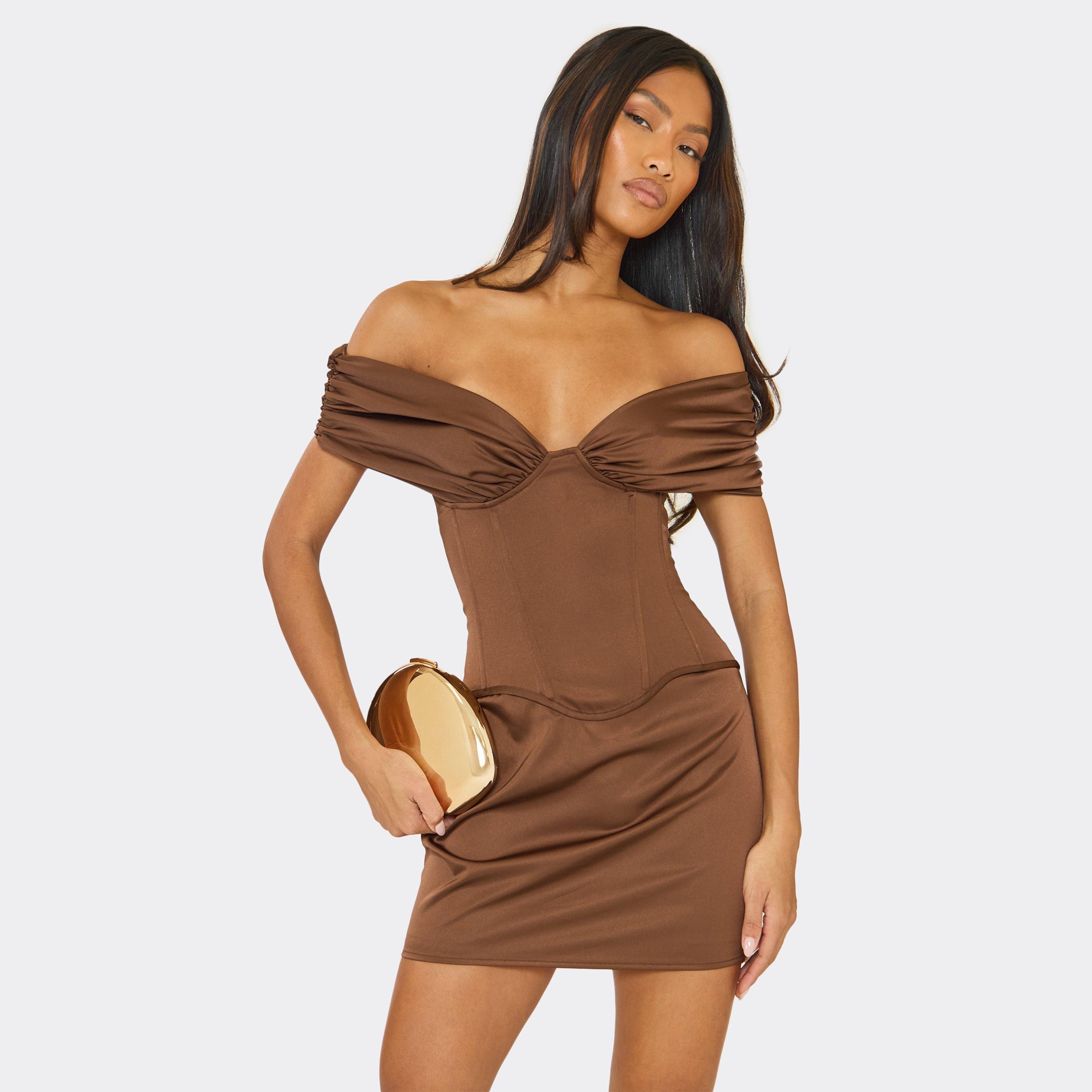 Off The Shoulder Curved Hem Corset Detail Mini Dress In Chocolate Brown Satin, Women's Size UK 14