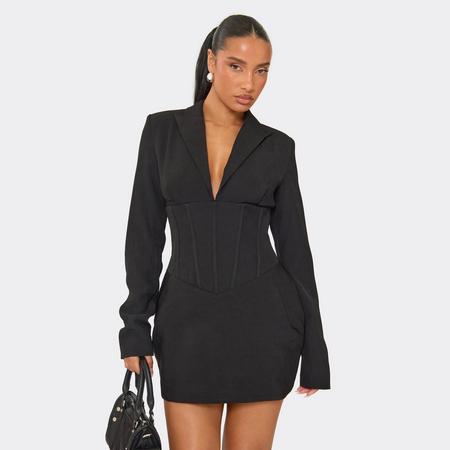 Long Sleeve Corset Detail Blazer Dress In Black, Women's Size US