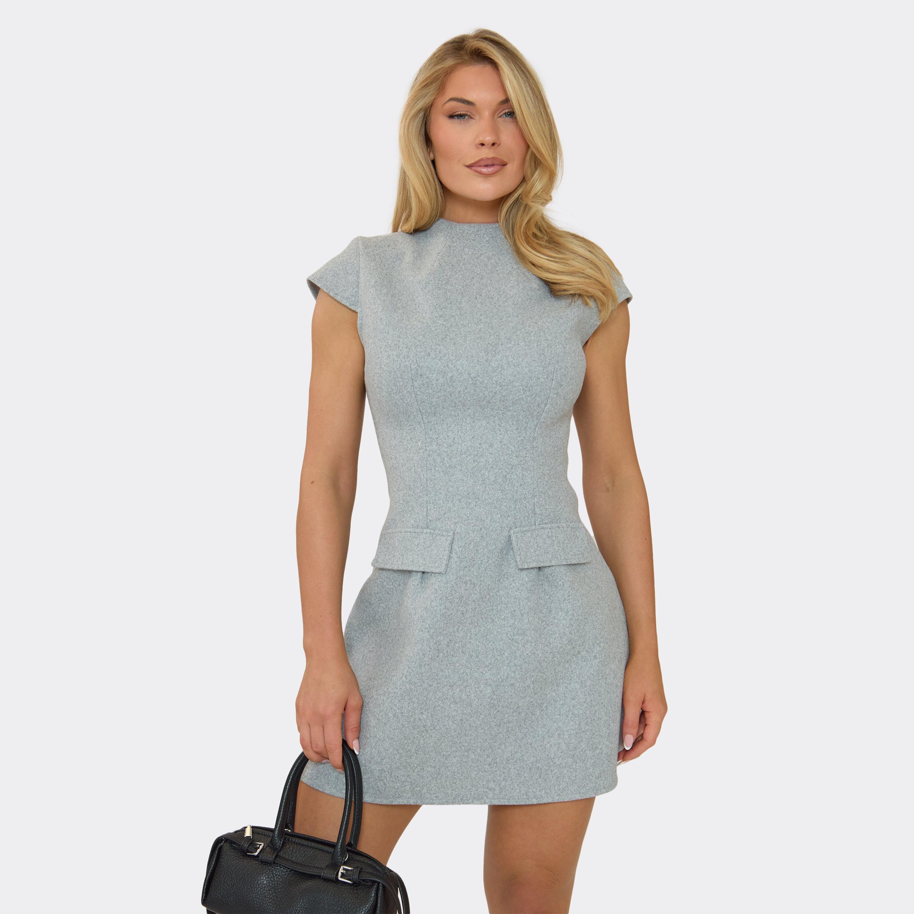 Cap Sleeve High Neck Pocket Detail Mini Dress In Grey Wool-Look, Women’s