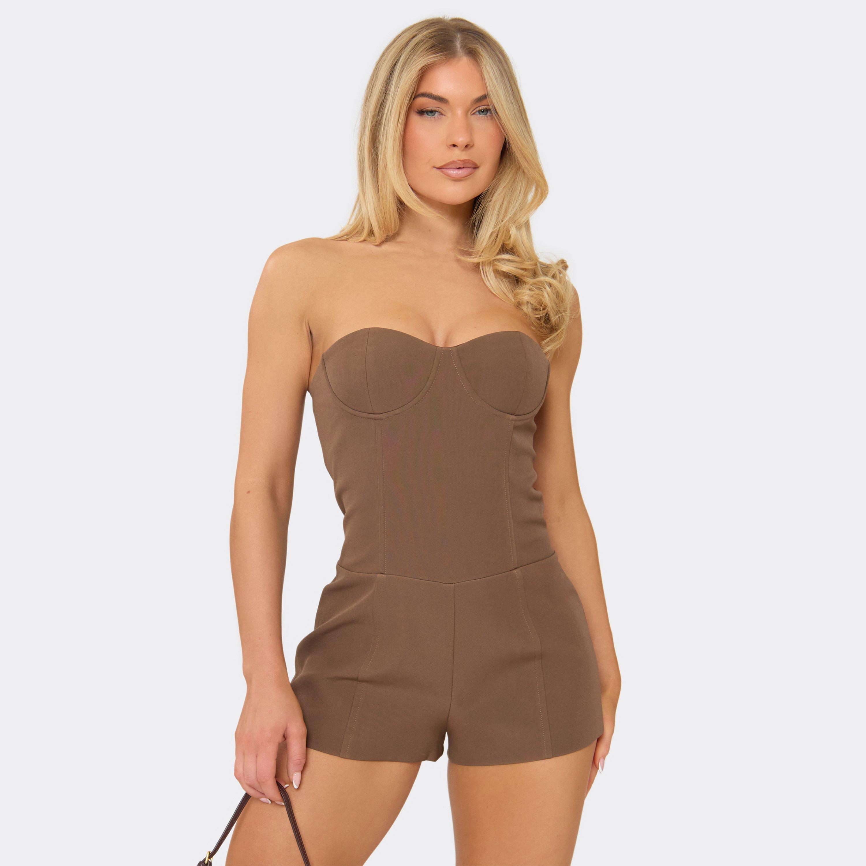 Bandeau Underwired Detail Tailored Playsuit In Chocolate Brown, Women's Size UK 8