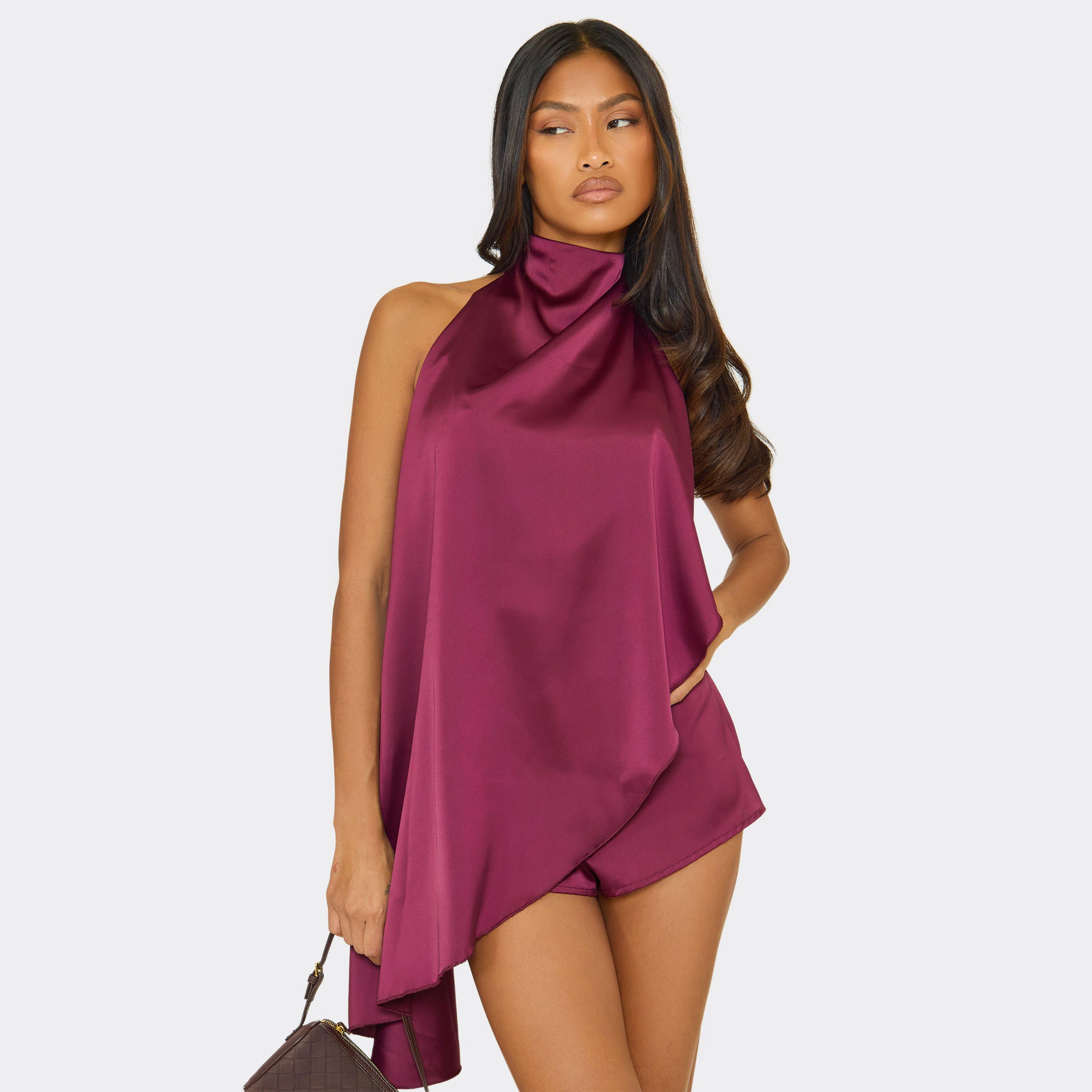 High Neck Asymmetric Drape Detail Playsuit In Plum Satin, Women's Size UK 10