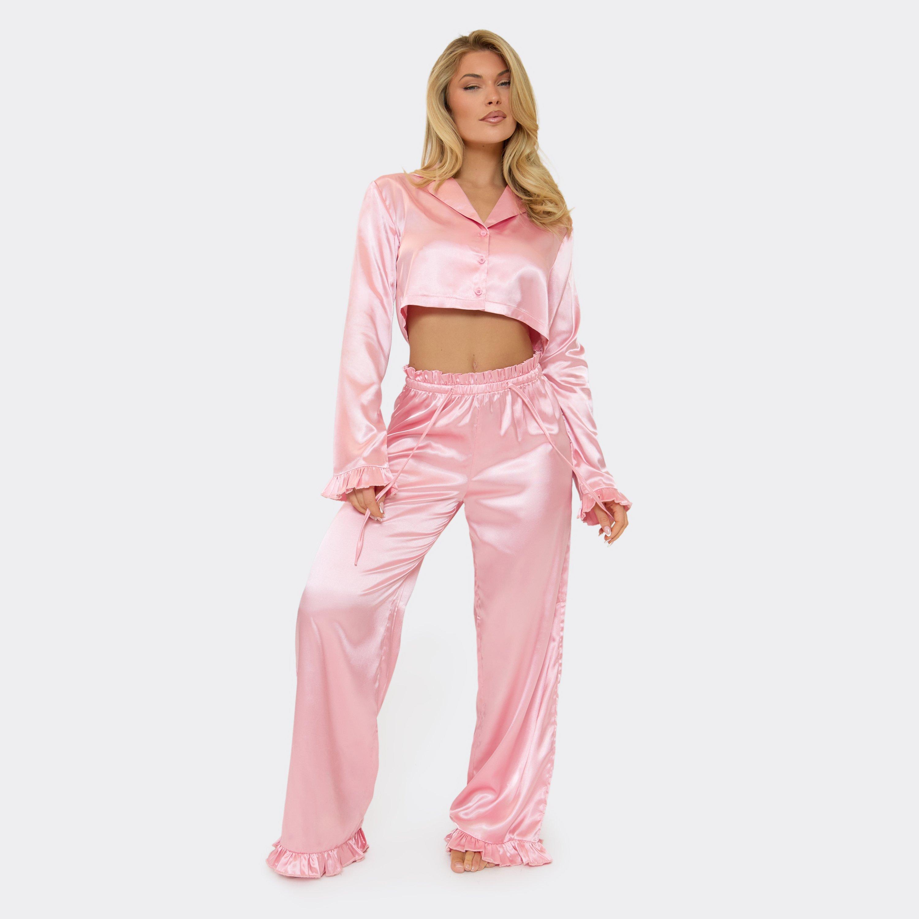 Button Front Frilled Sleeve Cropped Shirt And Wide Leg Trouser Pyjama Set In Pink Satin, Women's Size UK 10