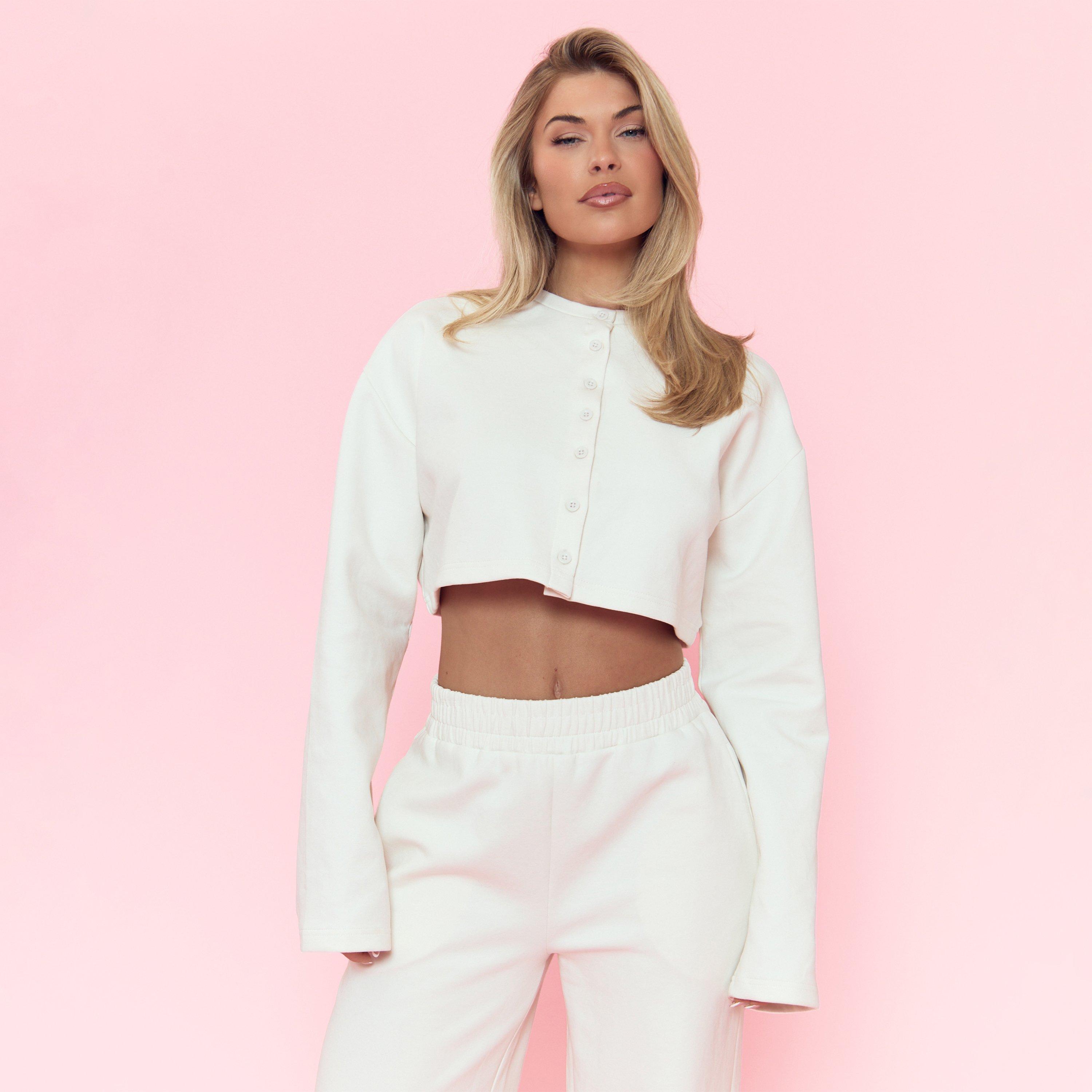 Long Sleeve Button Front Detail Boxy Crop Top In Cream, Women's Size UK 10