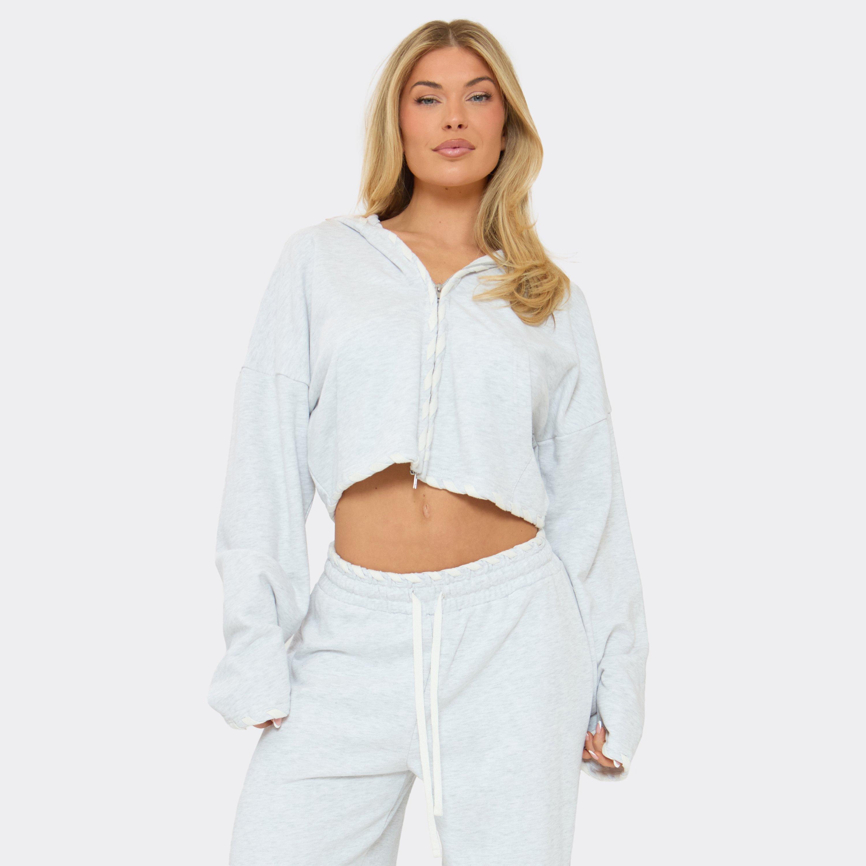 Contrast Lace Up Double Zip-Up Detail Jacket In Light Grey Marl, Women’s
