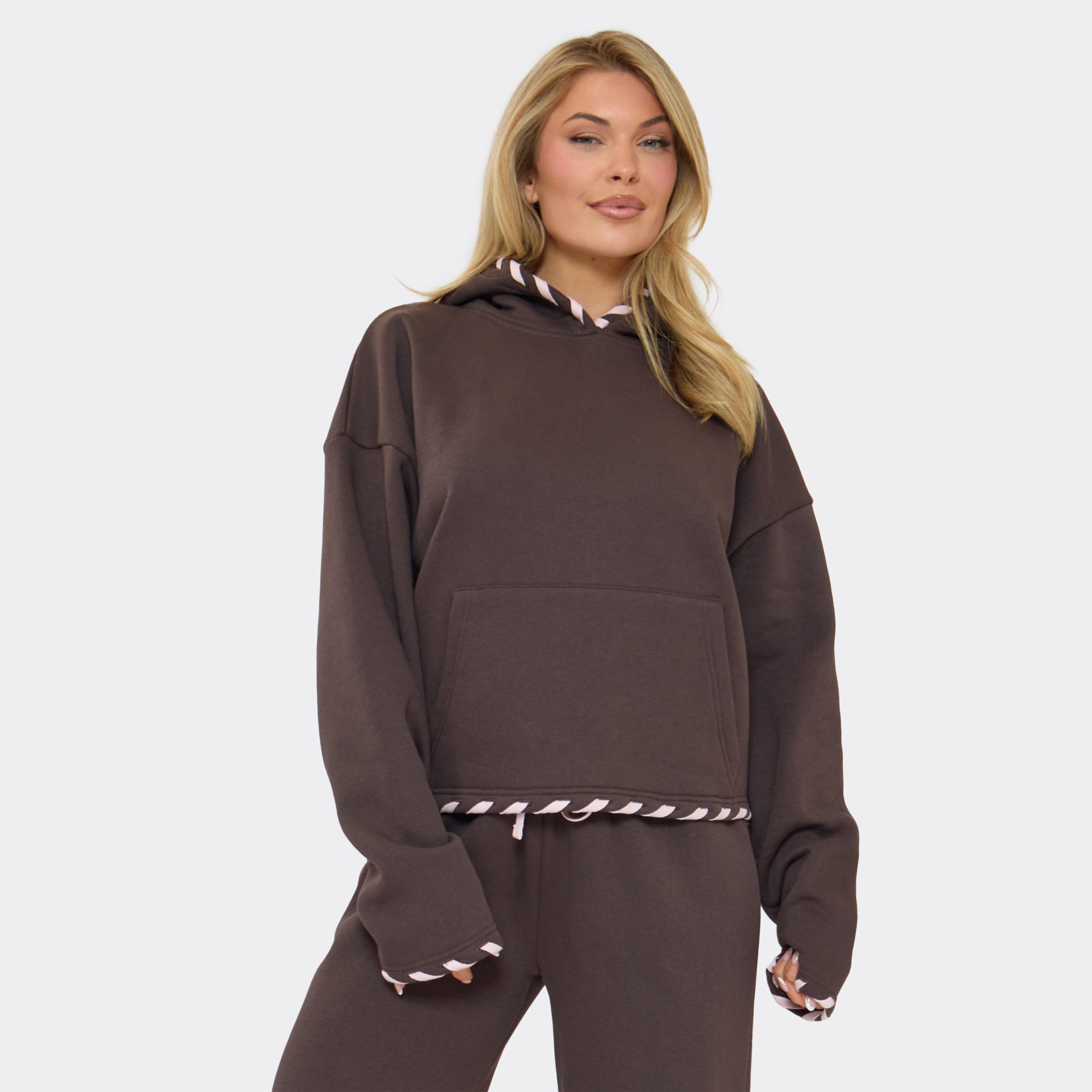 Contrast Lace Up Oversized Boxy Hoodie In Chocolate Brown, Women’s