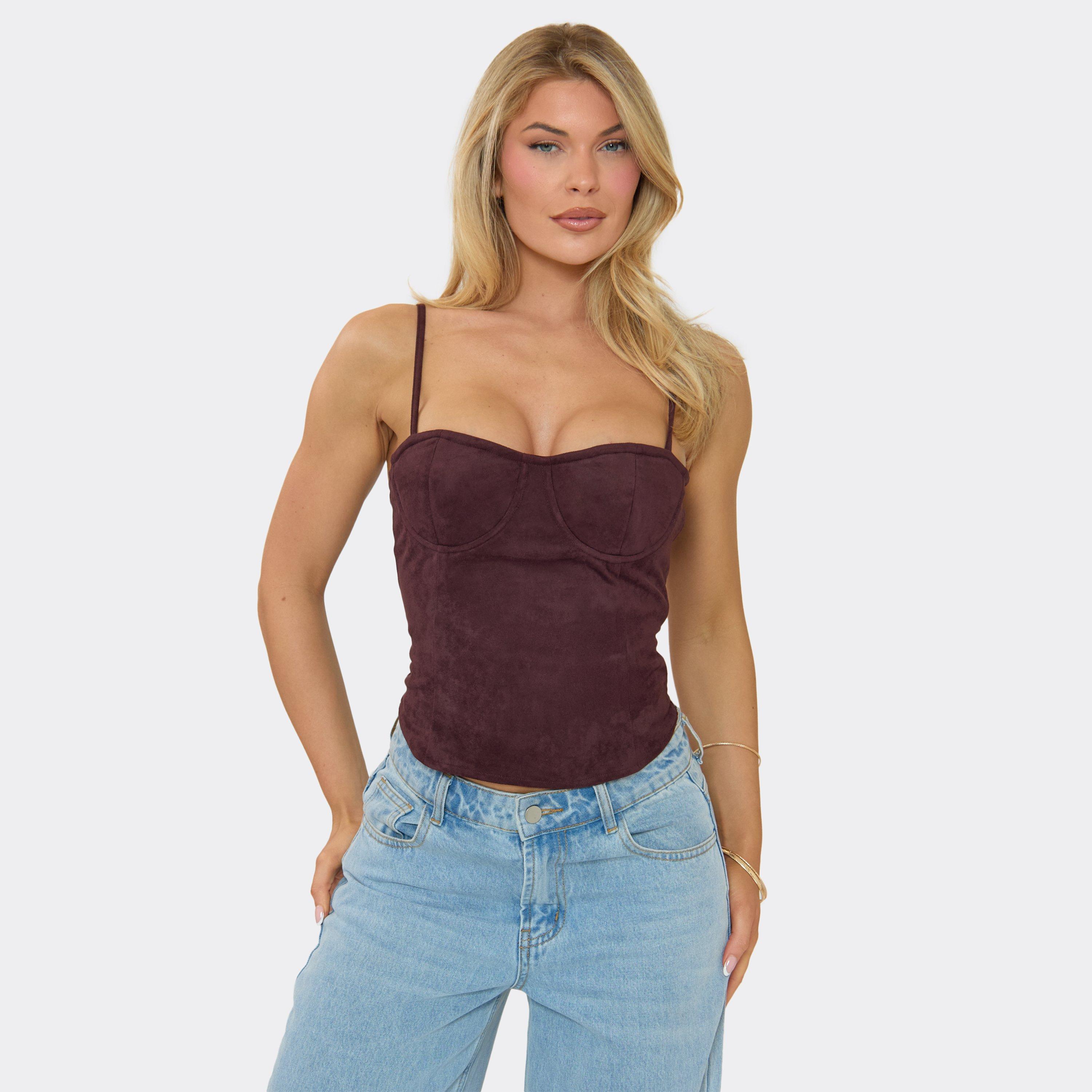 Strappy Lace Up Back Detail Corset Top In Chocolate Brown Faux Suede, Women’s