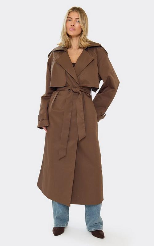 Belted Waist Contrast Stitch Detail Trench Coat In Black Faux