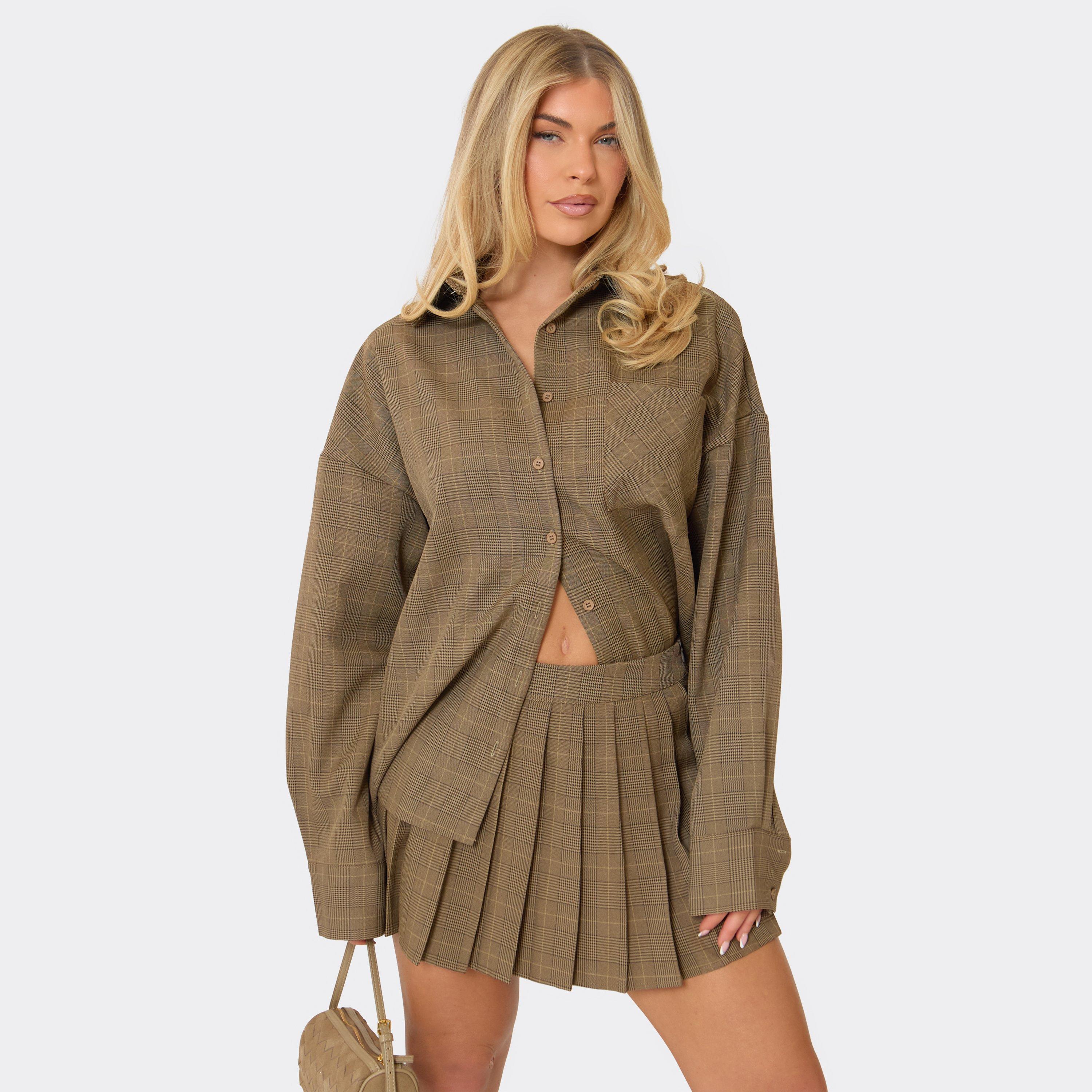 Image of Oversized Button Through Pocket Front Shirt In Brown Check Print, Women's