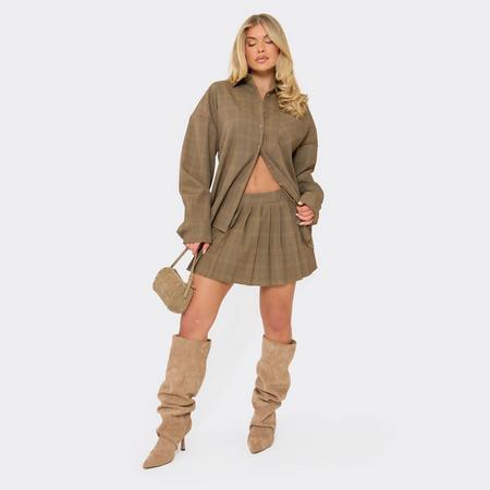 Mid Rise Pleated Mini Skirt In Brown Check Print, Women's Size US
