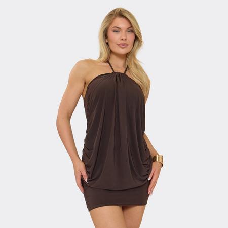Halterneck Ruched Blouson Detail Mini Dress In Chocolate Brown, Women's Size US