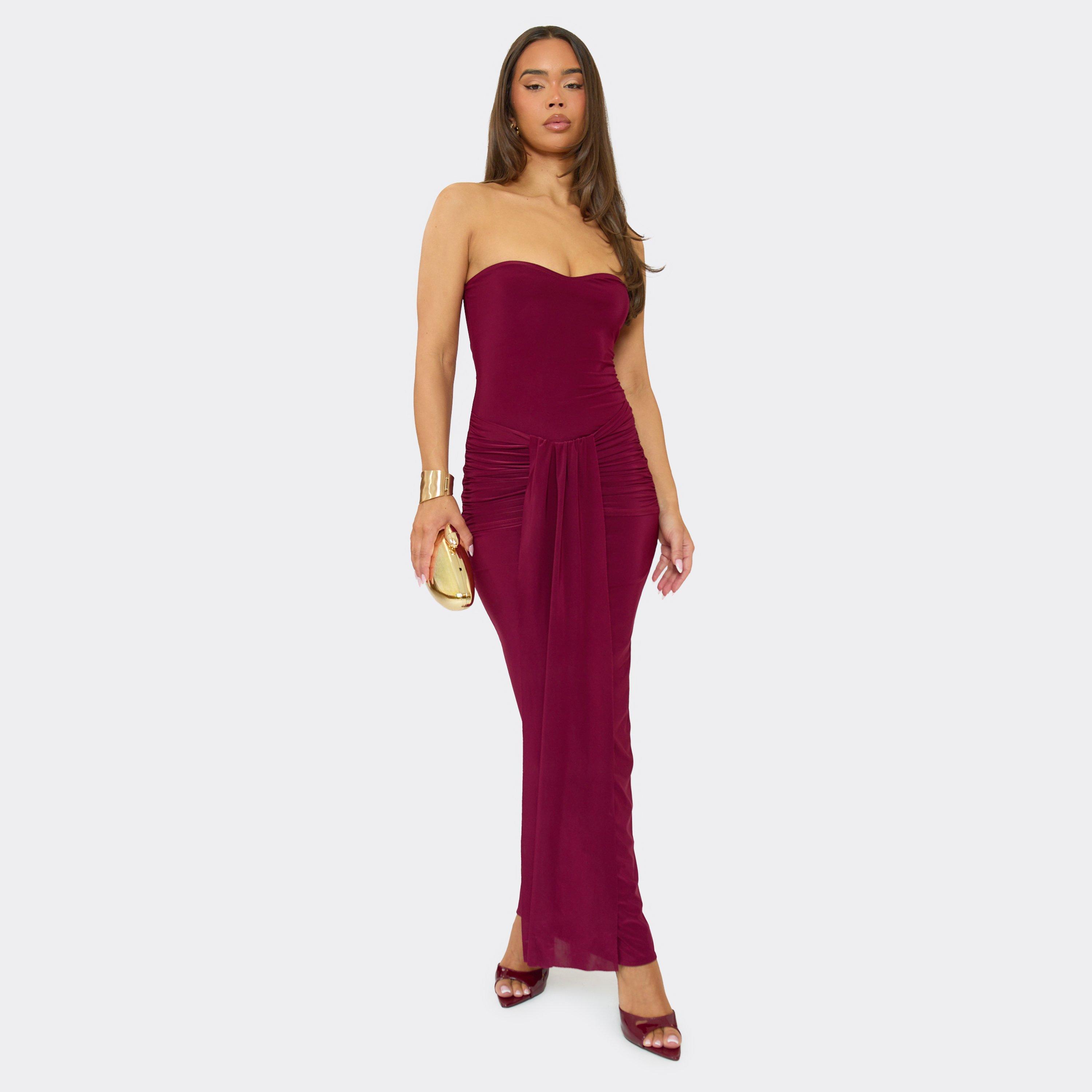 Bandeau Drape Front Maxi Dress In Burgundy, Women's Size UK 14