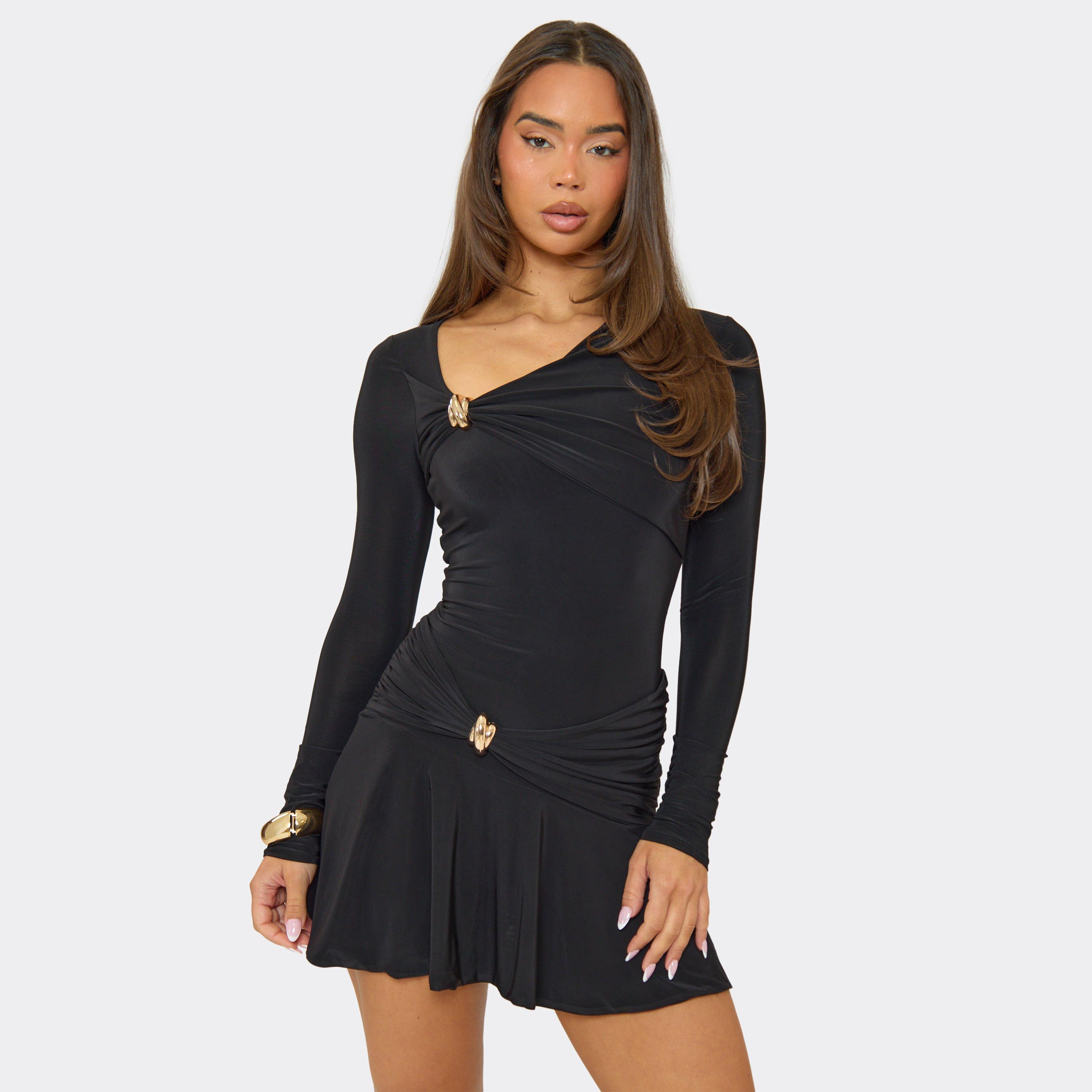 Long Sleeve Trim Frilled Hem Detail Mini Dress In Black, Women's Size UK 8