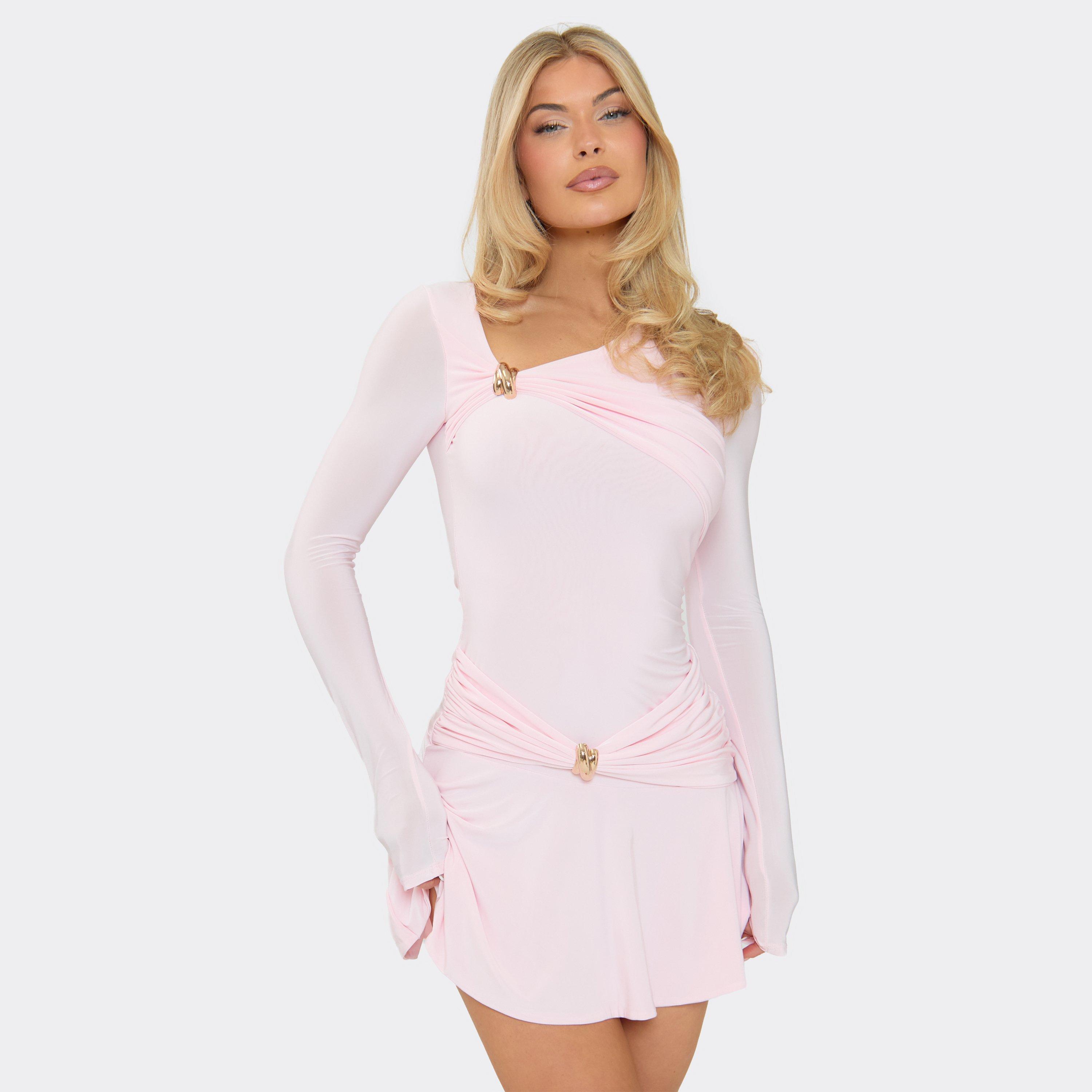 Long Sleeve Trim Frilled Hem Detail Mini Dress In Baby Pink, Women’s